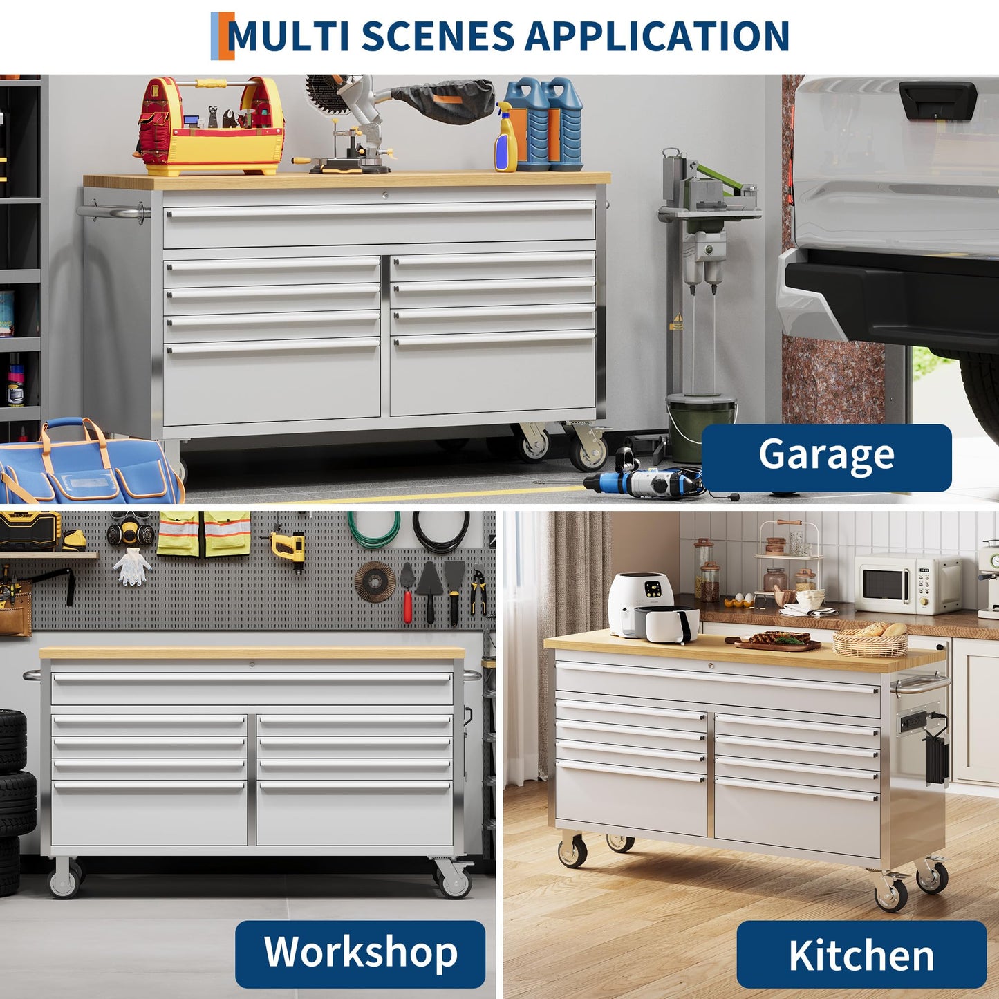 PeakPursuit 61" Rolling Tool Chest with 9 Drawers, Solid Rubber Wood Workbench Top, Locking Wheels & Key Lock, Mobile Garage Tool Cabinet for Workshop Storage & Organization, Silver