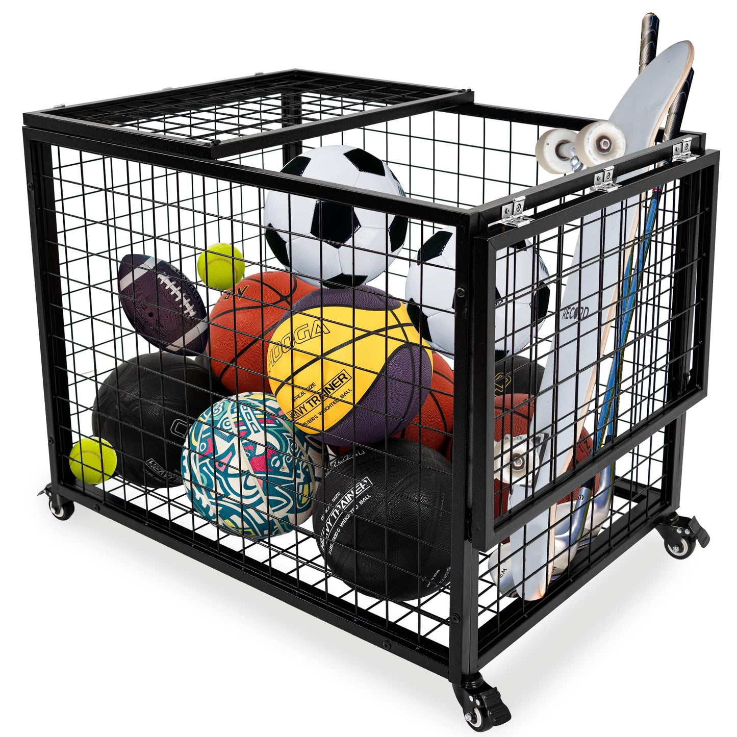 Ball Cart Garage Sports Equipment Organizer with Lockable Lid, Basketball Storage Bin for Indoor Outdoor, Rolling Exercise Ball Cart Holder for Gym, School, Club