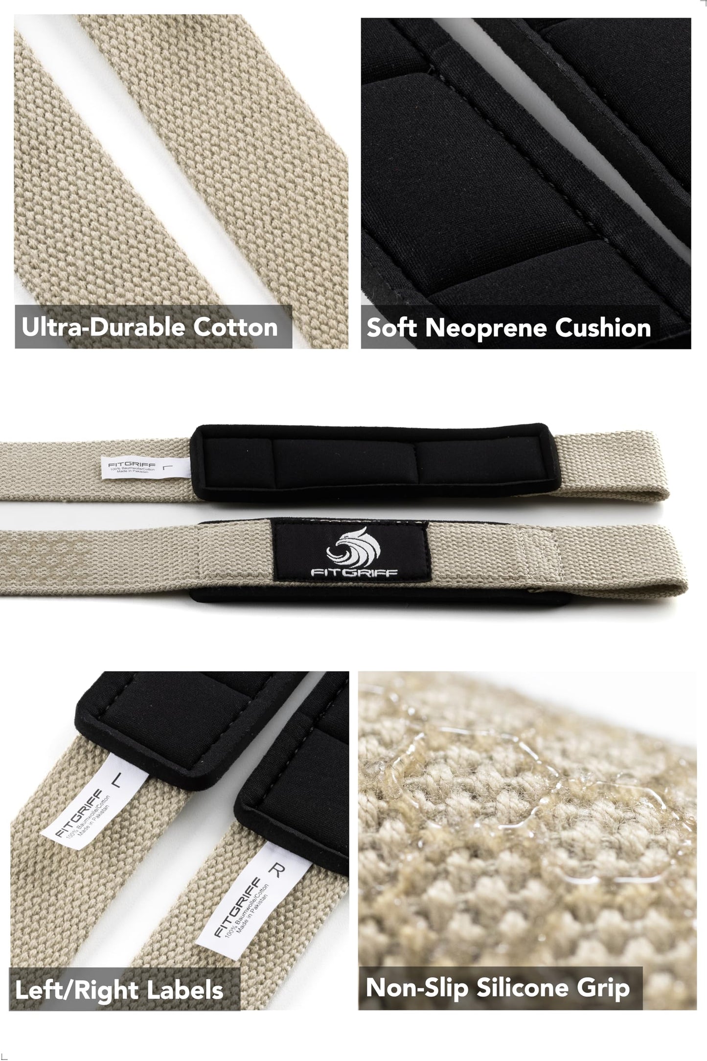 Fitgriff® Lifting Wrist Straps for Weightlifting, Gym, Deadlift, Workout (Made of Premium Cotton & Padded) - Men & Women (Standard, Sand (Silicone-Grip))