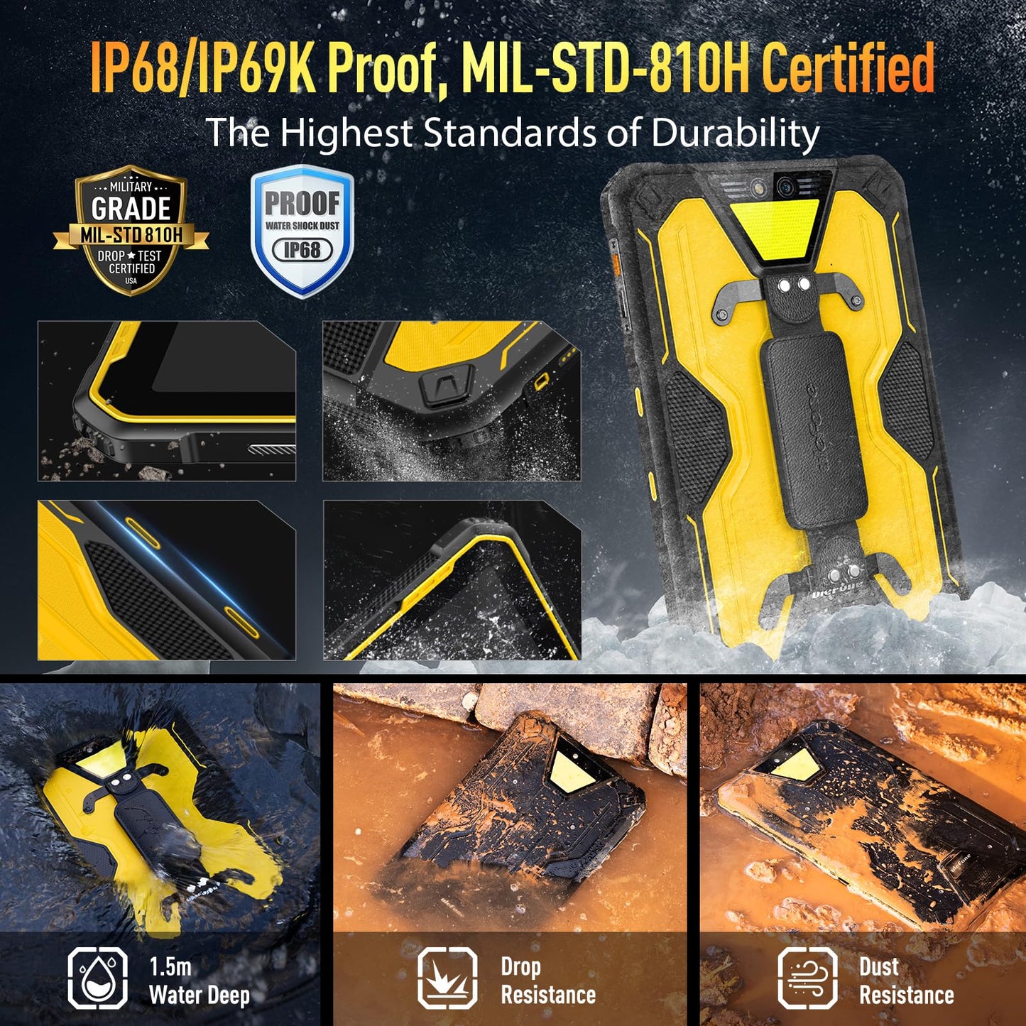 Ulefone Armor Pad 2 Rugged Tablet 4G, 18600mAh(33W), 11-inch 2K Display, IP68/69K, MTK Helio G99 16GB + 256GB Android 13, Dual Speakers, uSmart Expansion Connector, 48MP + 16MP, WiFi 6/GPS/NFC - Black