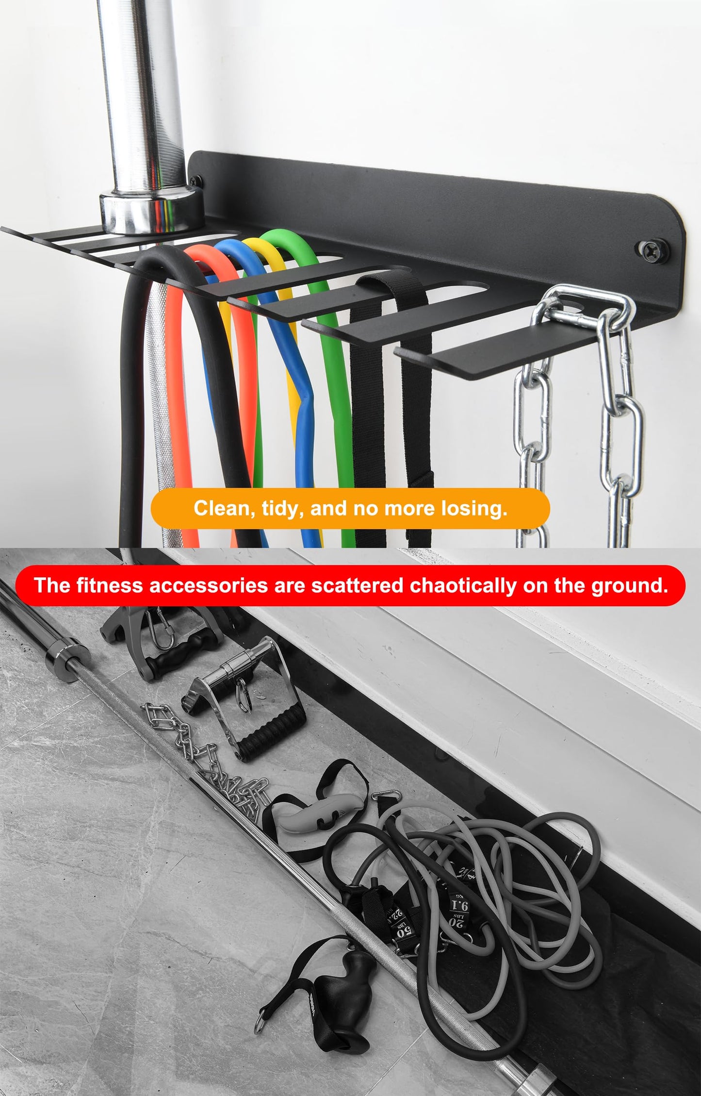 Performance Seven Bars Holder Storage,Custom Powder Coated HEAVY-DUTY STEEL Mount Wall Rack Storage Rack,Weight Room Organizer with 8 Wall Hooks for Exercise Bands Jump Ropes Chains Lifting Belts 3mm Black 8 Tooth
