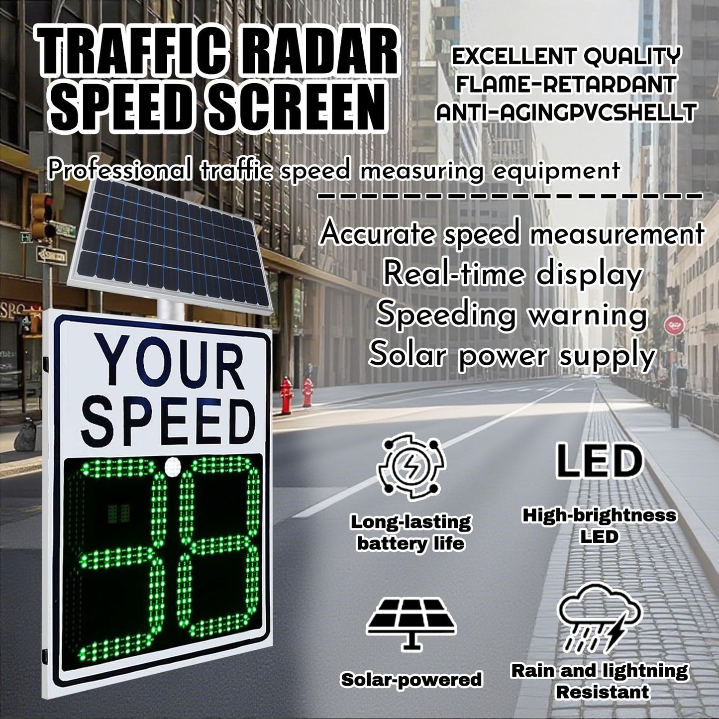 Speed Display Radar Traffic Sign, 20"x27"/24"x35" Solar Radar Speed Warning Sign, Remote Control Adjustable Speed Limit with Full Accessories(24inx35in)