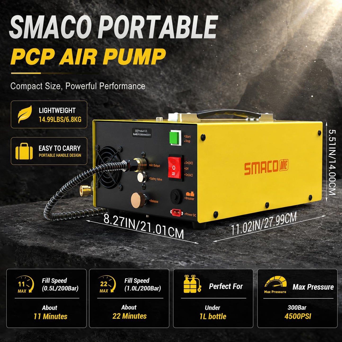 SMACO PCP Air Compressor 4500Psi/30Mpa/300Bar Portable High Pressure Air Compressor for Paintball Tank Scuba Diving PCP Air Rifles Pump with Auto-Stop Dual Power 12V DC & 110V/220V AC