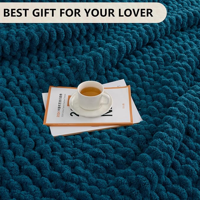 L'AGRATY Chunky Knit Blanket Throw: 60''x80'' Chenille Chunky Knitted Throw Blanket for Bed Couch - Handmade Thick Big Cable Knit Blanket - Large Crochet Rope Blankets for Home Decor(Blue)