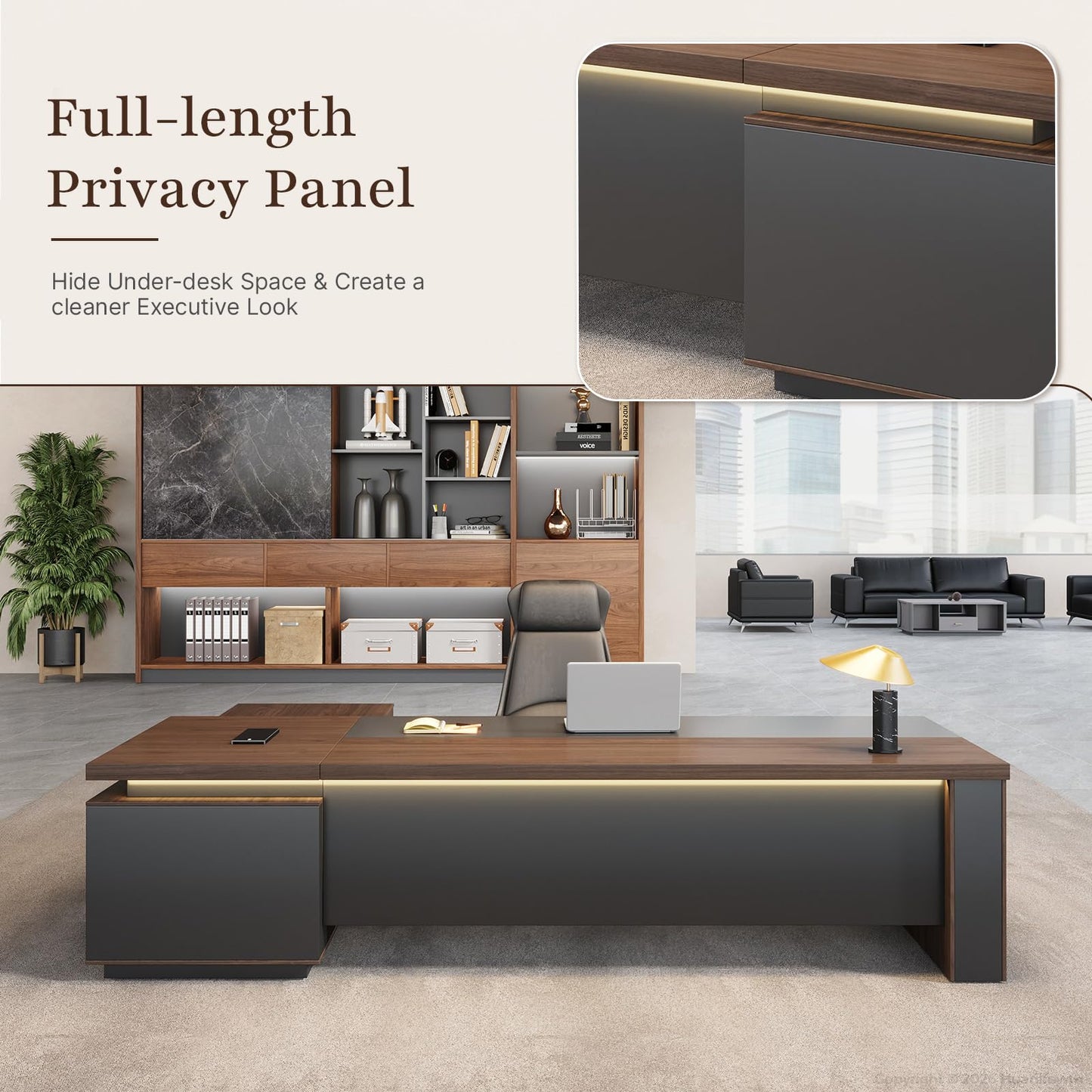 Huariifowm 63" Reversible L-Shaped Executive Desk with Locking Drawers, Compact Office Desk for Home & Manager Office, Power Outlet, USB Ports, Storage Shelves, Privacy Panel & LED Light, Walnut Gray