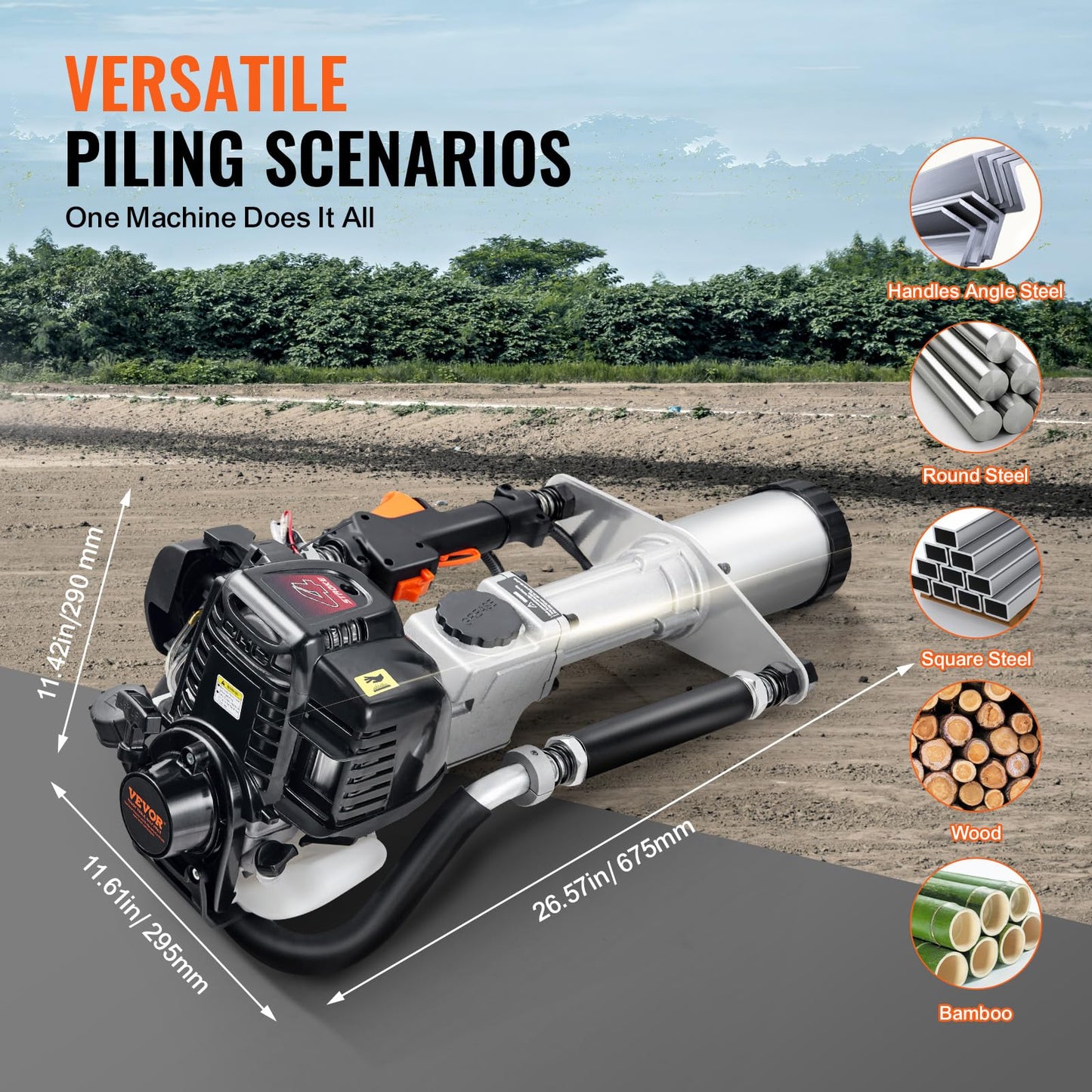 VEVOR 37.77cc Gas-Powered T Post Driver, 4-Stroke Engine Gasoline Fence Piling Pounder, with 3 Post Driving Head(45/55/88 mm), 1000W Portable Piledriver For Farm, Ranch Fencing, Road Improvements