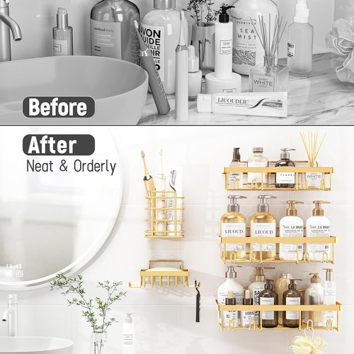 Liuoud Shower Caddy Organizer - Rustproof Stainless Steel Wall Storage Basket Set | 5 Pack, Gold