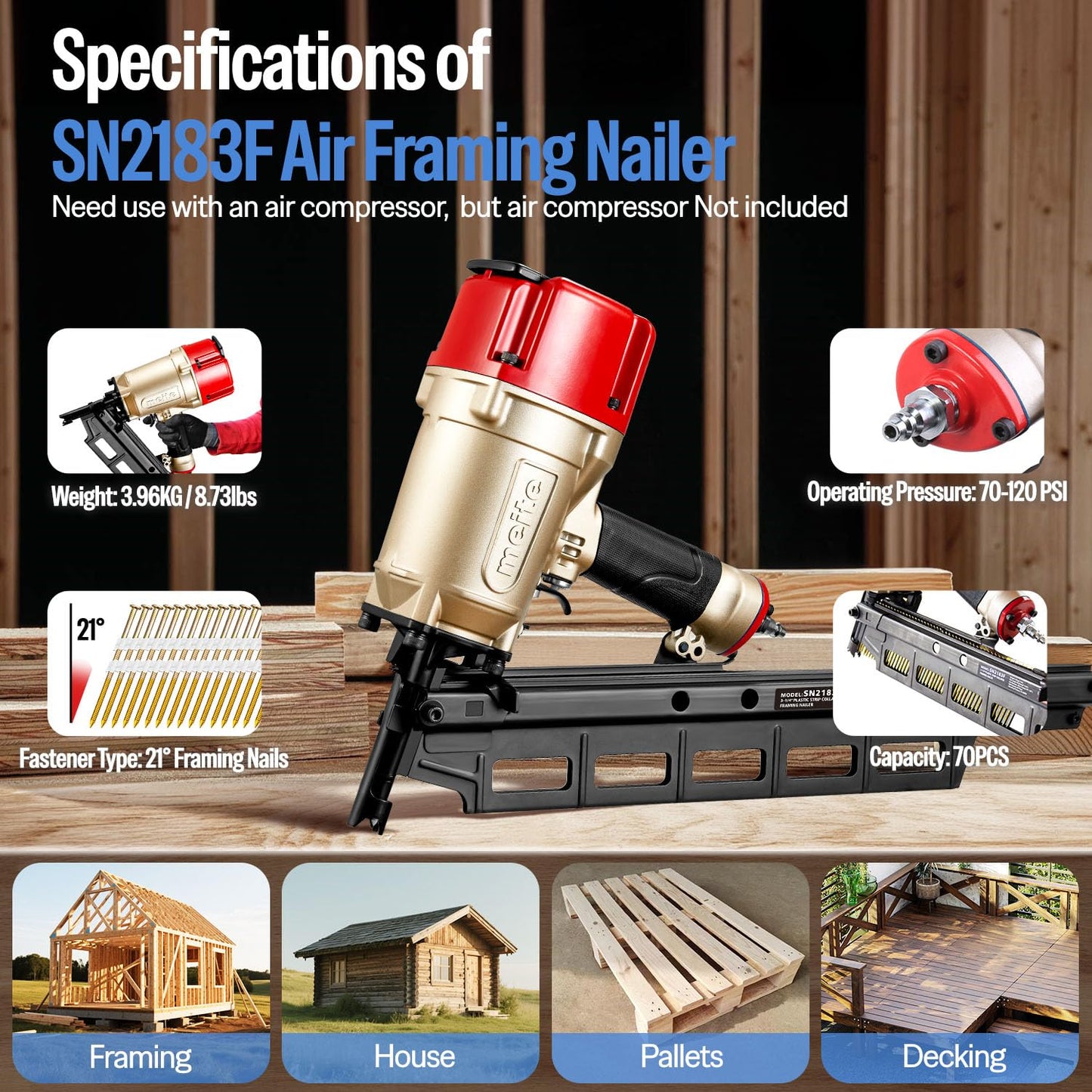 meite SN2183F 21 Degree Framing Nailer Pneumatic Nail Gun, Accepts 20-22° 2" to 3-1/4" Plastic Collated Framing Nails, Air-Powered Framing Nail Gun Tools for Wall Studs Pallet Sheathing Roof Decking
