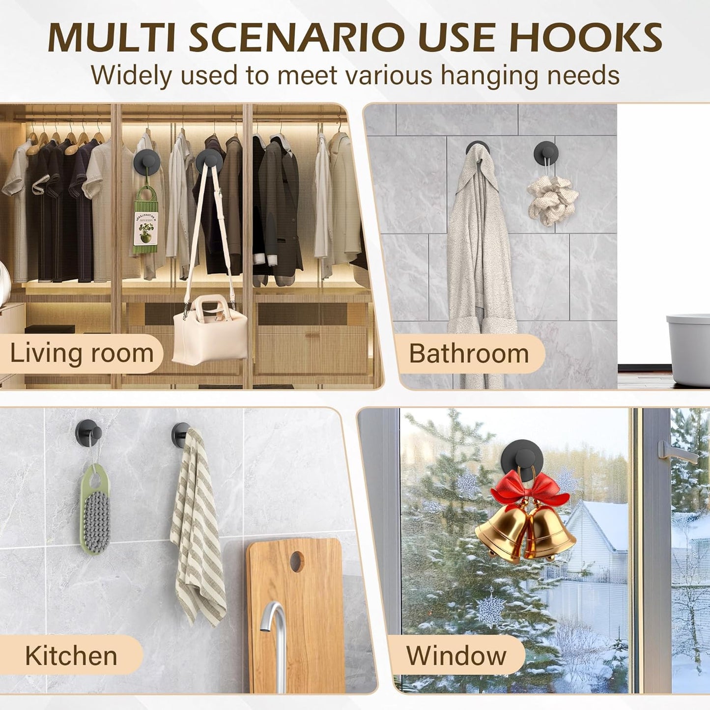 Ninth Five Heavy Duty Shower Suction Cup Hooks - Removable Bathroom Wall Hooks for Towels & Robes | 4 Pack, Black