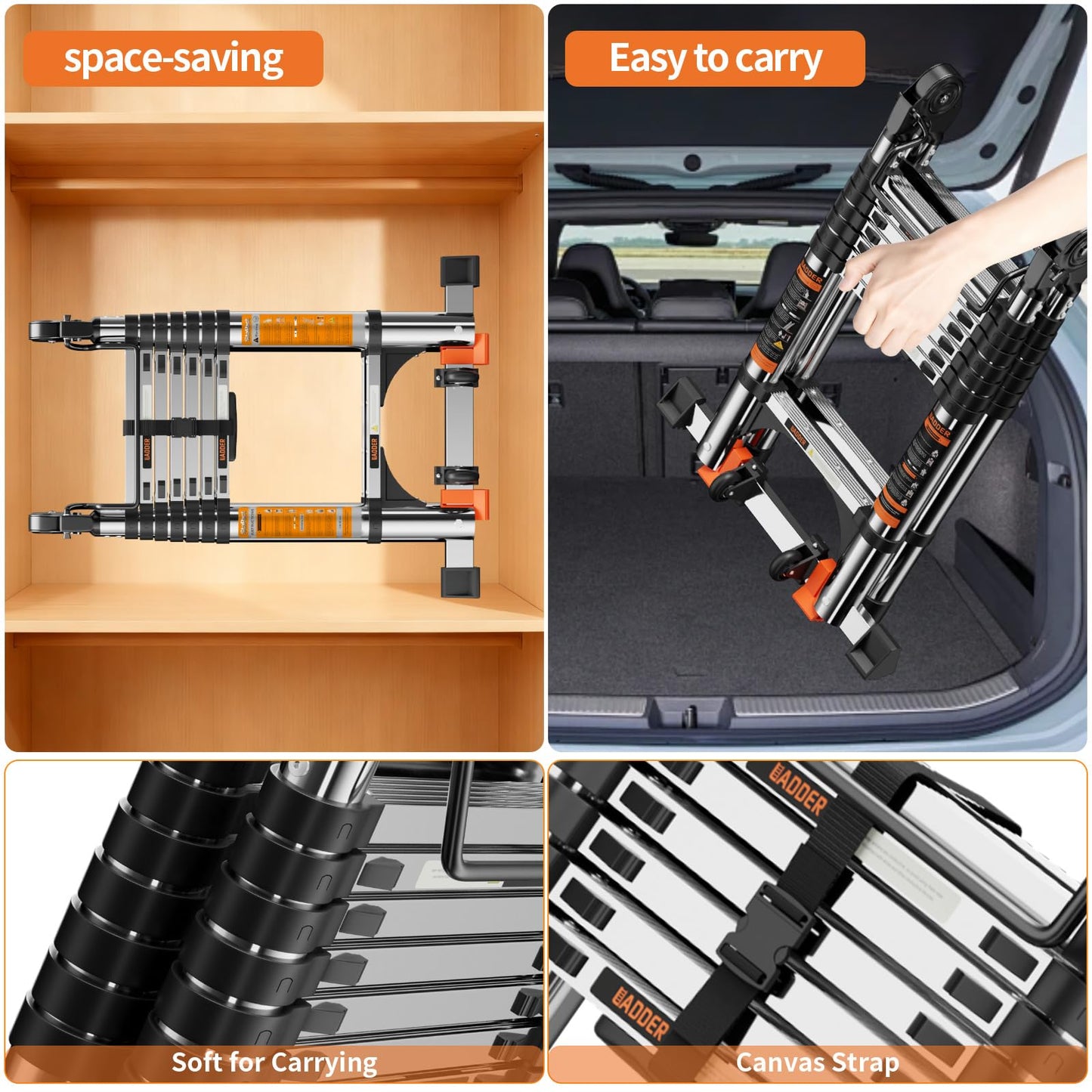 Telescoping Ladder A Frame,Telescopic Ladder for Home, Roof, RV，12.5 Ft Stainless Steel Extension Ladder with Balance Bar,Wheels and 2 Triangle Stabilizers，330 lb Capacity (12.5FT-A Frame)