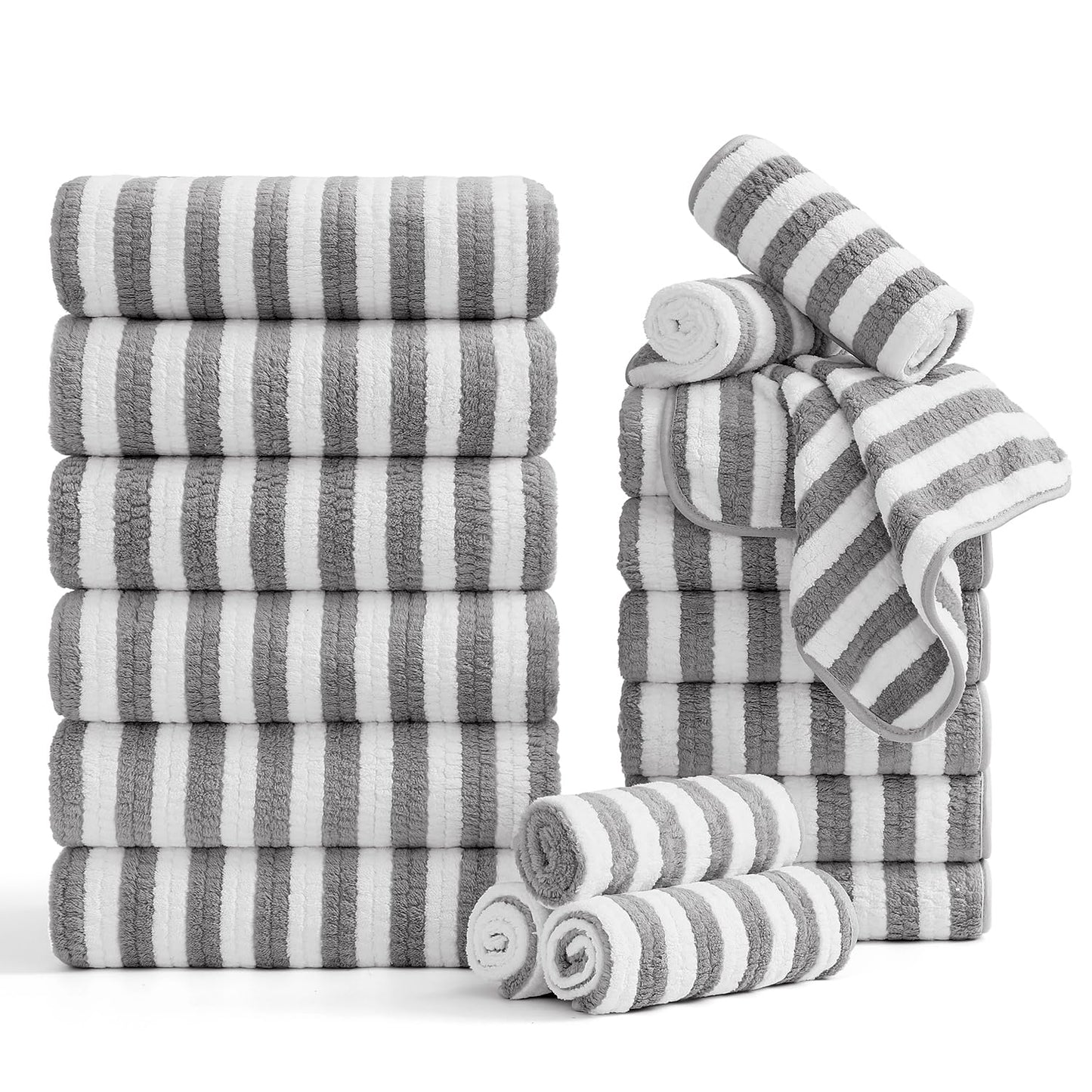 Smuge 18 Pcs Bath Towel Set, Include 6 Bath Towel Sheets, 6 Hand Towels and 6 Washcloths - Highly Absorbent Quick Dry Microfiber,Ultra Soft Bathroom Towel Set with Hanging Loop - Light Gray