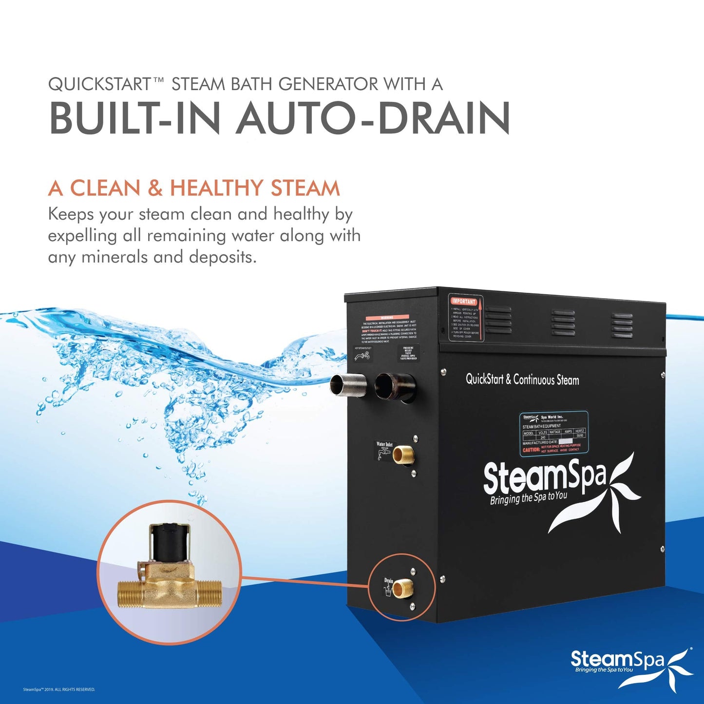 SteamSpa Generator with Quick Start Continuous Steam Technology, Wi-Fi, Bluetooth and Autodrain | 7.5kW Steam Generator with Black Steam Head with Aromatherapy Reservoir | RVB750BK-A