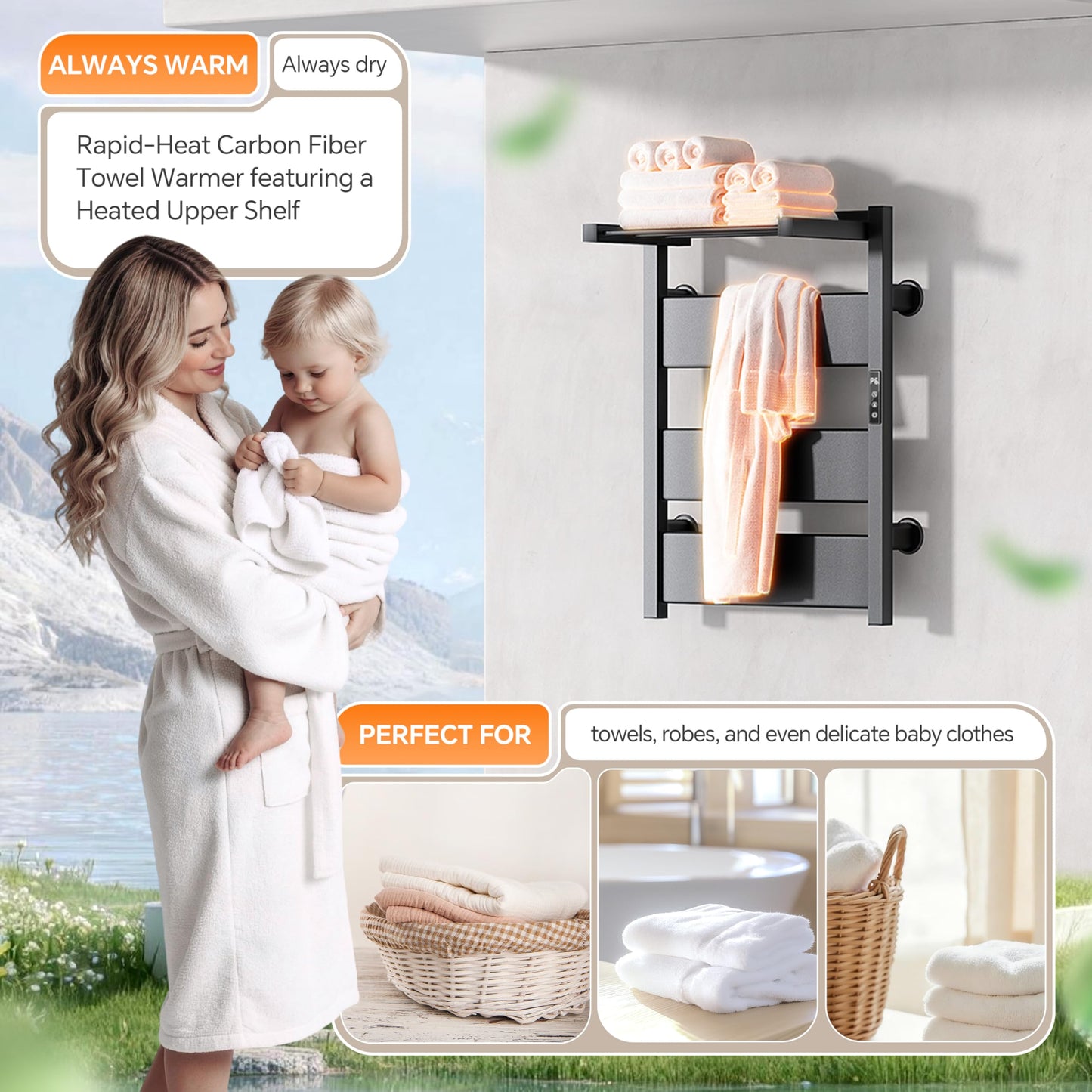 EIKANIOS Electric Heated Towel Warmer with Heated Top Shelf, Upgraded Flat Panel Towel Drying Rack with Timer & Temp Control, Left or Right Plug-in/Hardwired Options, Wall Mounted for Bathroom