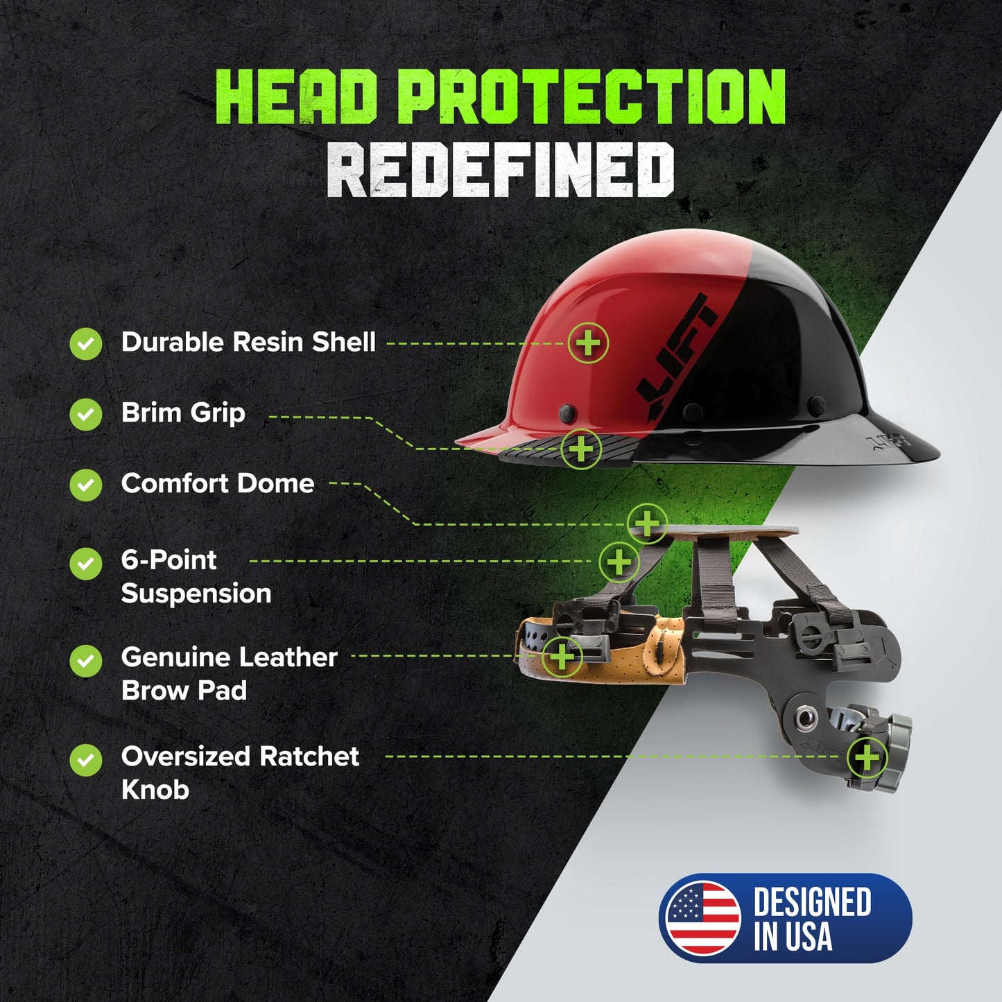 LIFT SAFETY Dax Fiber Resin Full Brim Safety Helmet | 6 Point Suspension for Comfort & Impact Protection | 50/50 Gloss Red/Black