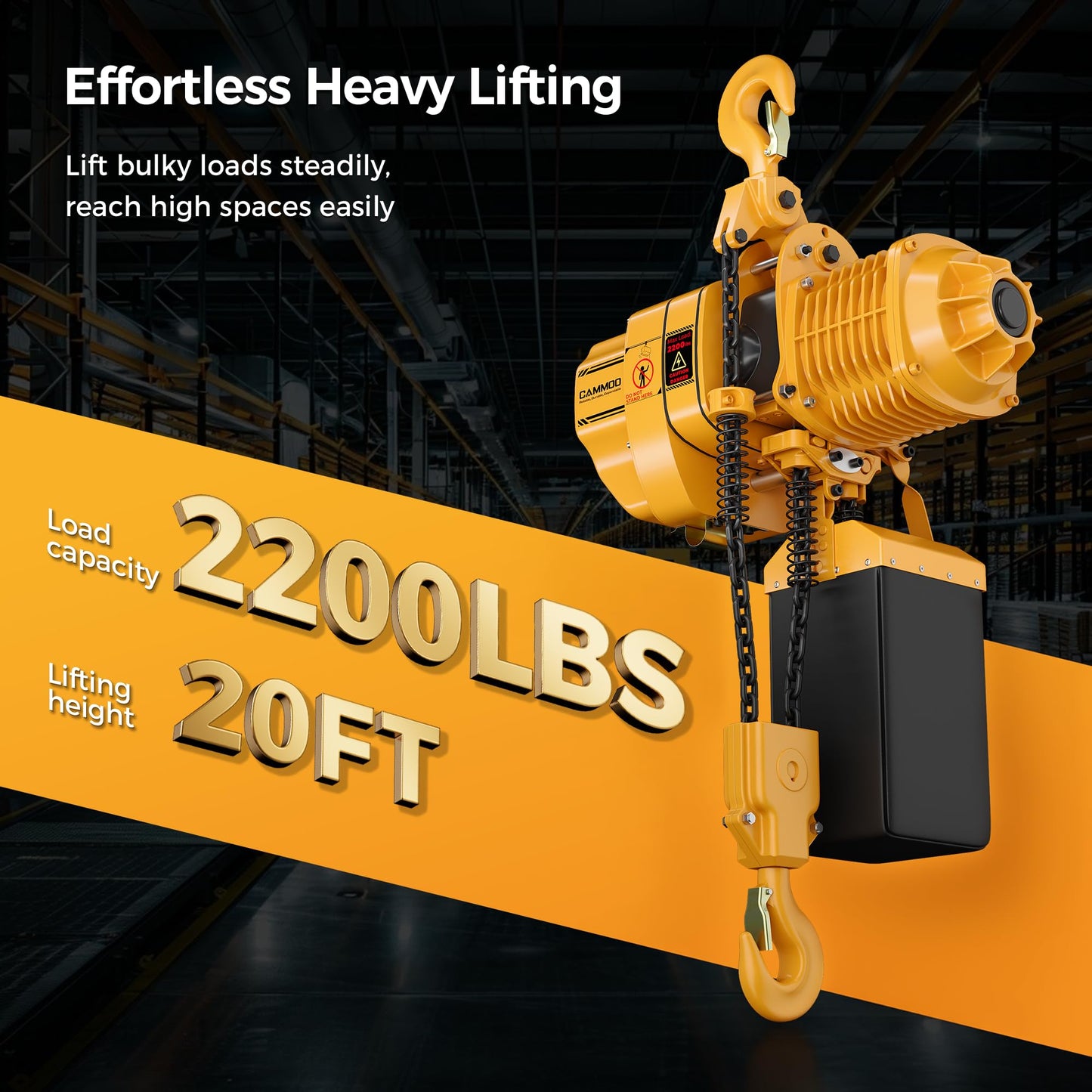 CAMMOO Electric Chain Hoist, 2200 lbs Load, 20 ft Lifting Height, Extended 492 ft Wireless & 20 ft Wired Remote Control, Brushless Copper Motor, DT Carburized Chain, IP65 for Warehouse, Construction