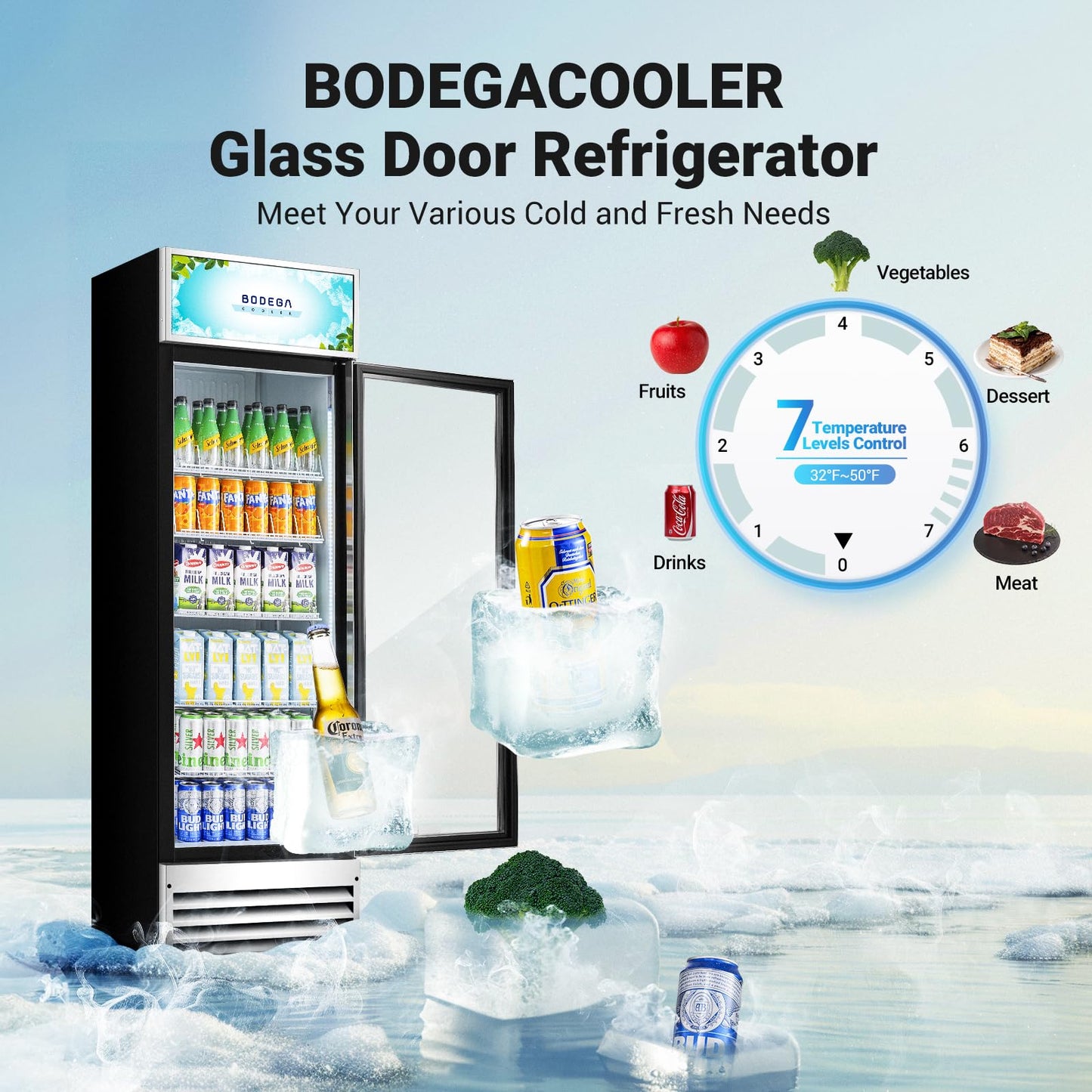 BODEGACOOLER Commercial Merchandiser Refrigerator, 12.5 Cu.Ft Glass Door Display Cooler, Upright Beverage Refrigerator with Soft LED Light, Adjustable Shelves, 4 Heavy-Duty Stainless Steel Casters