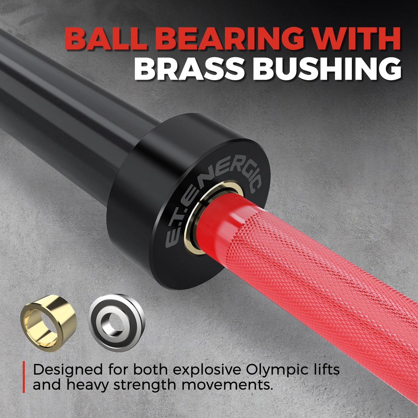 E.T.ENERGIC 7ft Olympic Barbell – 40LB Chrome Powerlifting Bar with 2” Sleeves & Medium Knurl, 700LB Capacity Strength Training Barbell for Squats, Deadlifts, Bench Press, Home & Gym, Black&Red