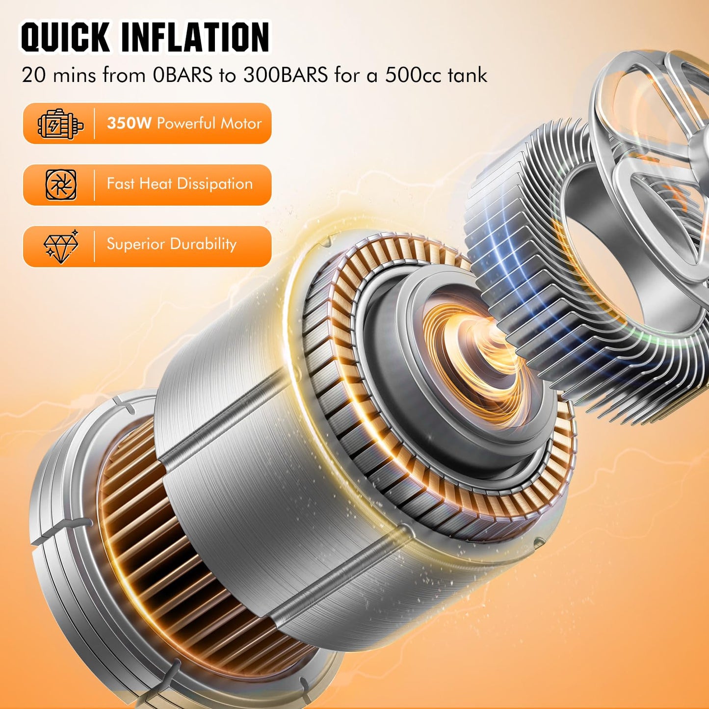 PCP Air Compressor with Atuo Shut-Off, Portable 4500Psi/30Mpa, Water/Oil-Free, One Button Start, Bursting Disc, 12V DC/120V AC PCP Airgun Compressor, Rifle/Pistol and Paintball Tank Air Pump (Orange)