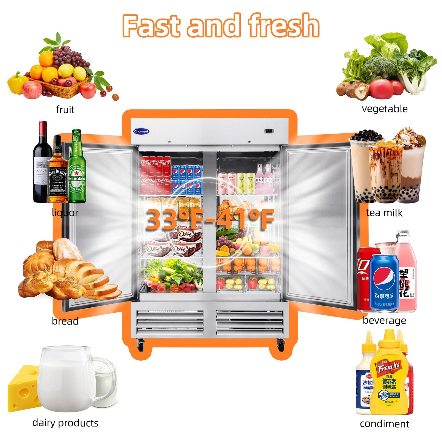 CHUMART 54" W Commercial Refrigerator with 2 door Stainless Steel 49 Cu. Ft Reach-in Refrigerator 6 Adjustable shelves Fan Cooling Fridge for Restaurant, Commercial Kitchen, Shop, ETL Certification