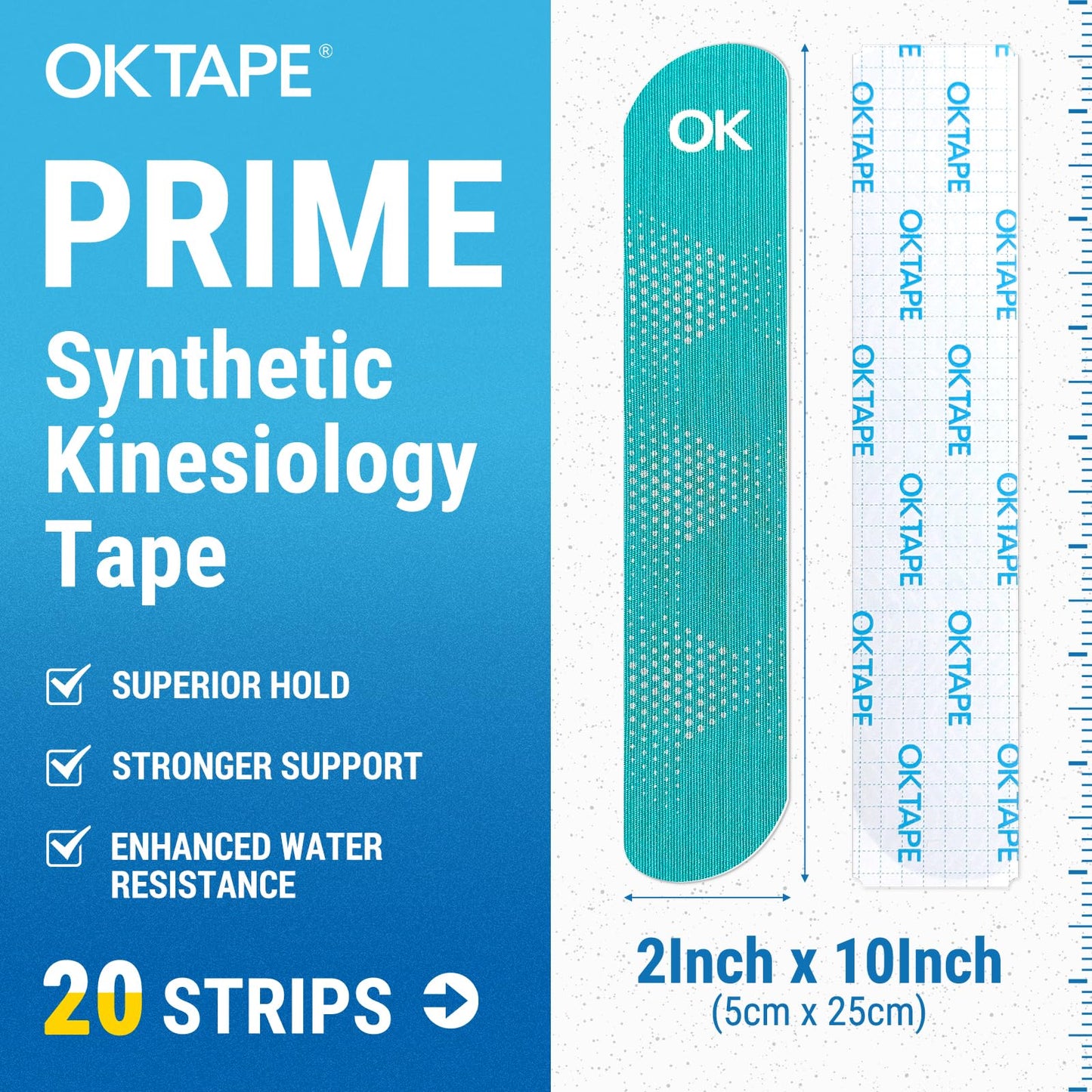 OK TAPE Synthetic Kinesiology Tape Precut Strips, Waterproof Elastic Athletic Tape for Pain Relief & Muscle Support, Reflective Design, 2in×16.4ft Roll, 20 PCS -Cyan