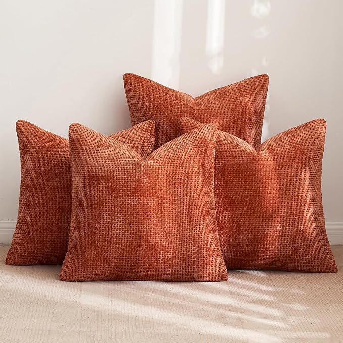 MIULEE Pack of 4 Couch Throw Pillow Covers 16x16 Inch Burnt Orange Soft Decorative Chenille Pillow Covers Farmhouse Accent Cushion Covers for Boho Home Decor Sofa Bedroom Living Room
