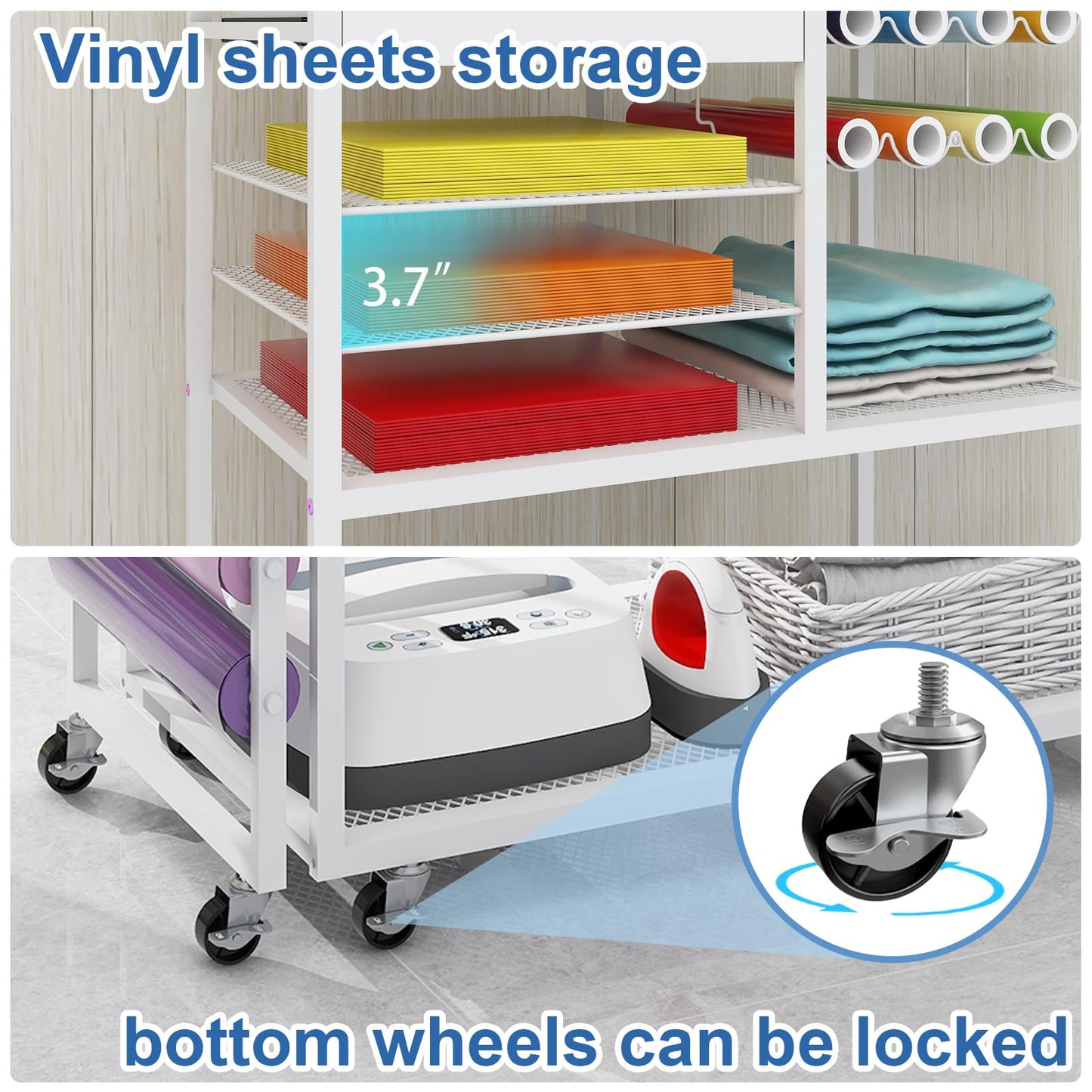 PUNCIA Heat Press Stand with 360°Rotating Craft Cart Table Compatible with Cricut Machine Rolling Organization and Storage with Vinyl Roll Holder Crafting Workstation for Craft Room Home Office