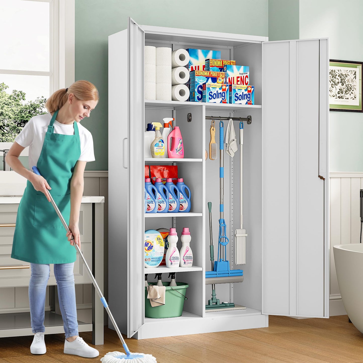 Wide & Deep Metal Storage Cabinet with Hanging Rod,White Broom Closet Storage Cabinet with Lock,72" Tall Wardrobe Cabinets with Doors and Shelves,Locking Steel Tool Cabinets for Home,Office,Garage