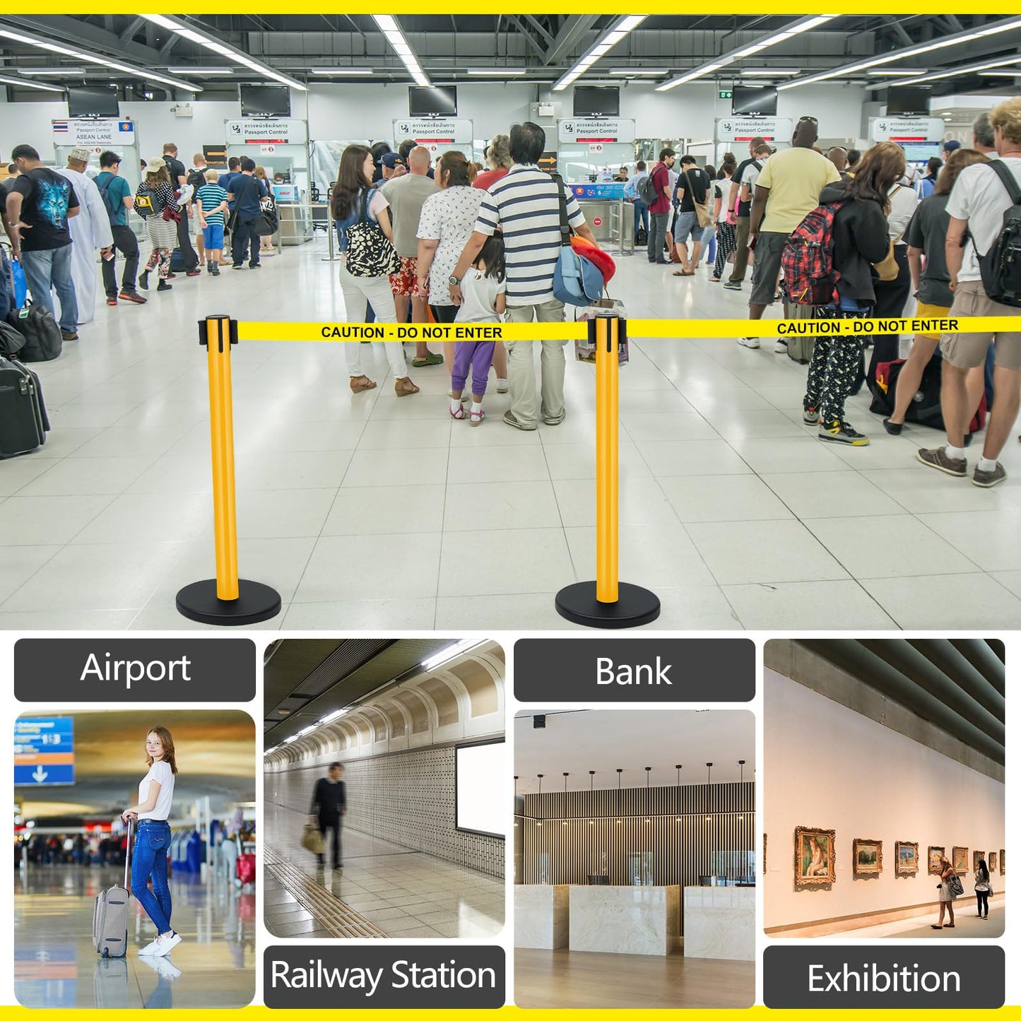 Therwen 6 Pack Heavy Duty Crowd Control Stanchions 9.8 ft Stainless Steel Stanchion Set with 6 Safety Barrier Post Retractable Belt and 1 Sign Holder Crowd Control Barrier(Caution Belt,Yellow)