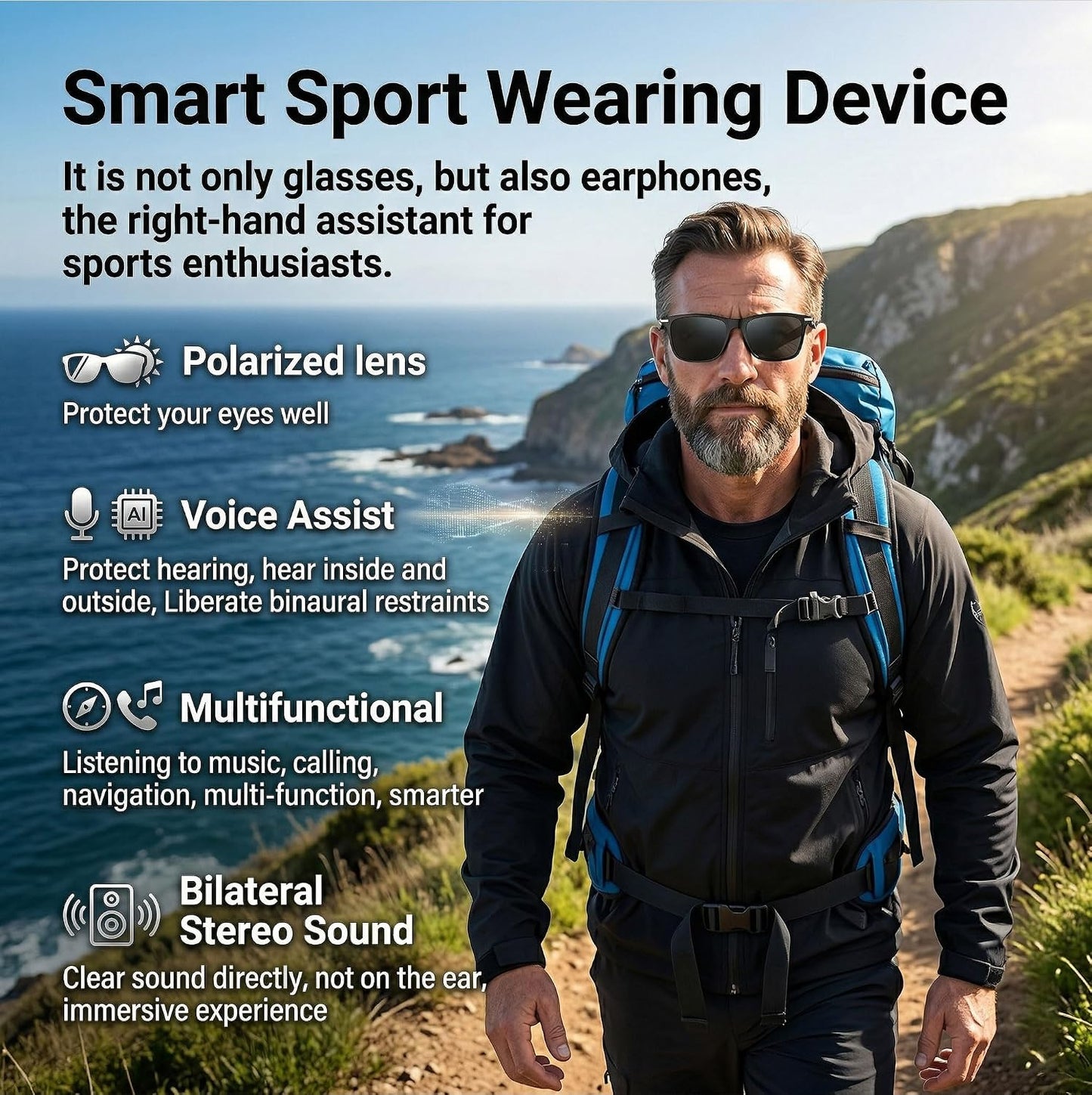Fecoul 164 Glasses-M01-Black) AI Smart Bluetooth Glasses with Languages Translator with Speaker Photochromic Lenses