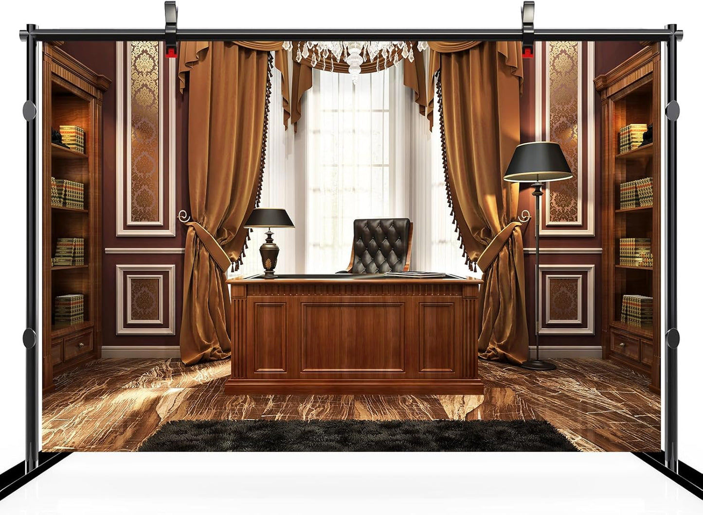 CHNYWORK 7x5ft Luxury Wood Home Office Backdrop Retro Classic Desk Chandelier Bookshelf Window Library Video Conference