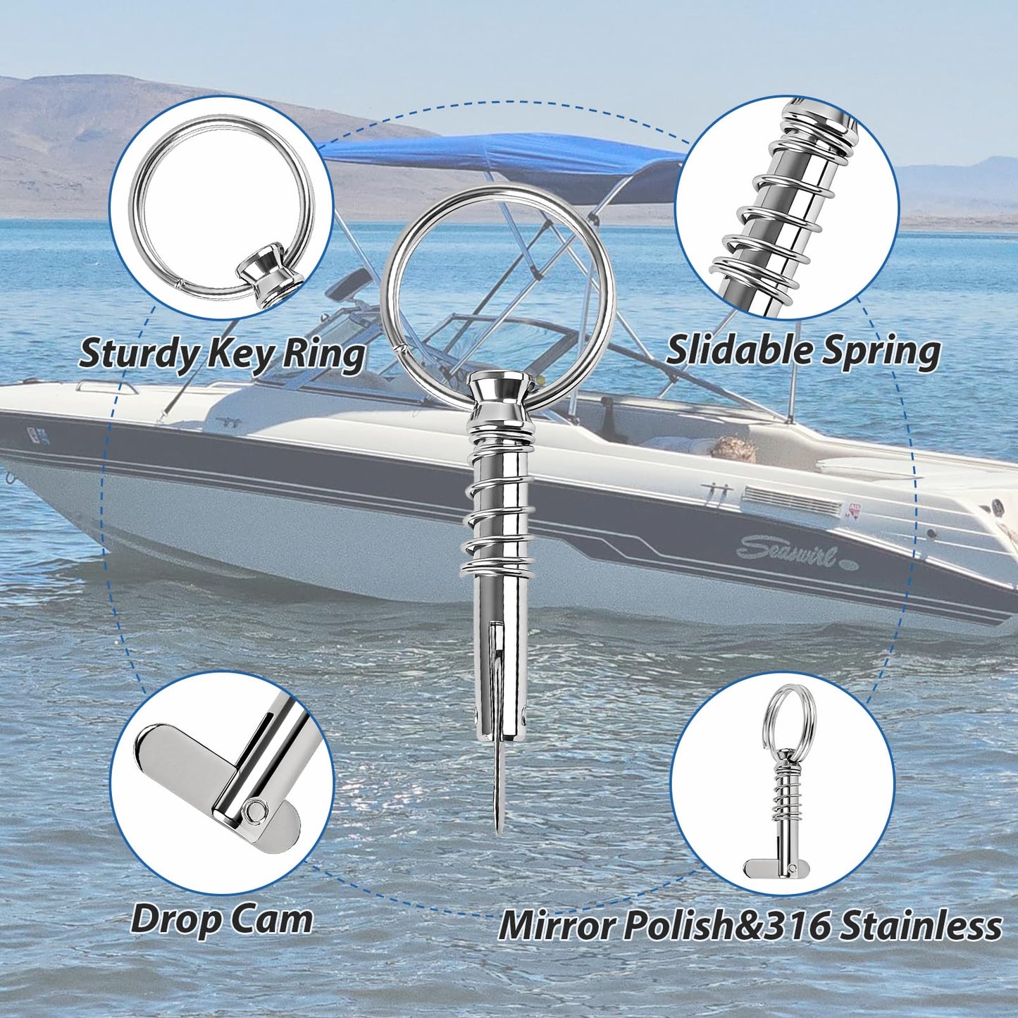 Pyntrax 4-Pack Quick Release Pins (1/4” Diameter) with Drop Cam & Spring - 0.86” Usable Length, Full 316 Stainless Steel Marine Hardware for Bimini Top, Boat & Pontoon