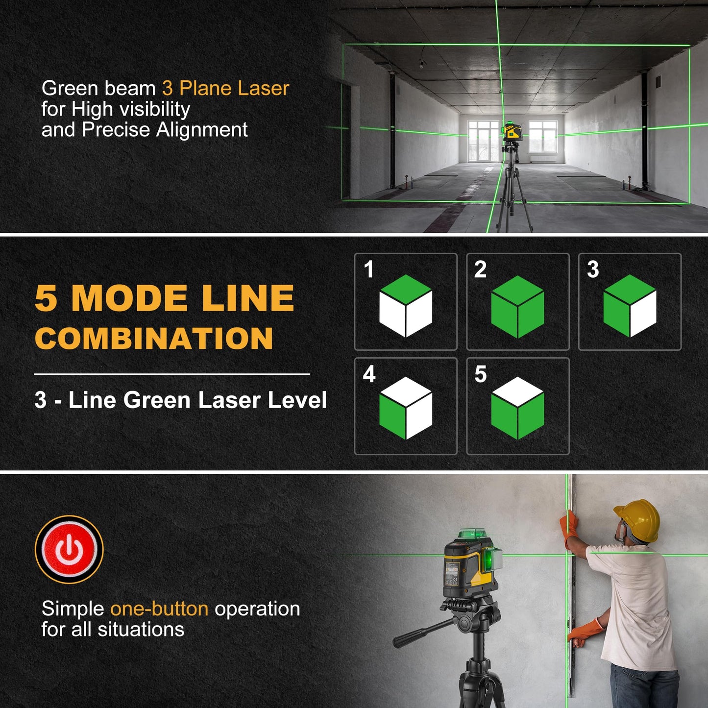 PREXISO Laser Level 3 X 360° Self Leveling with 47 In. Tripod, IP54 Rechargeable 100Ft Green Lazer Leveler Tool for Construction, Home Renovation with Magnetic Base, Battery Adapter, Case, Accessories