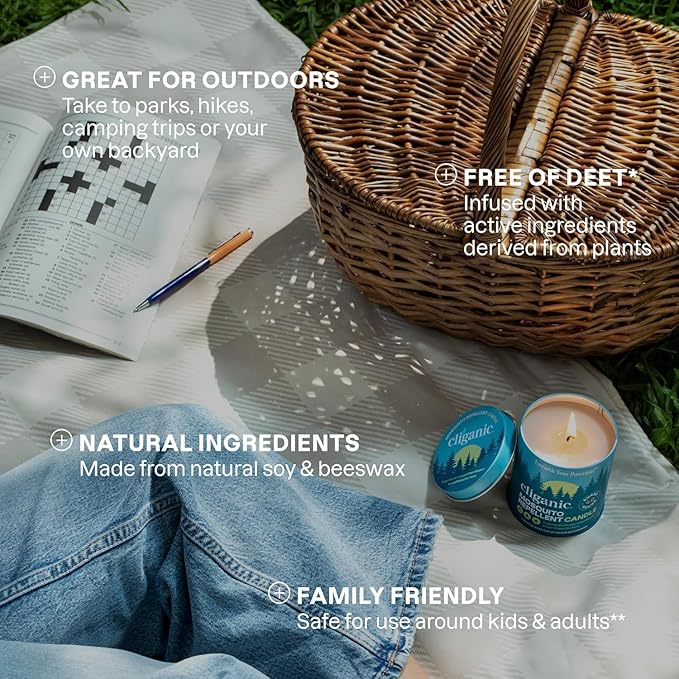Cliganic Natural Mosquito Repellent Candle (9oz, Pack of 2) | Citronella, DEET Free, Essential Oil Infused for Outdoor, Camping | Burns 40 Hours