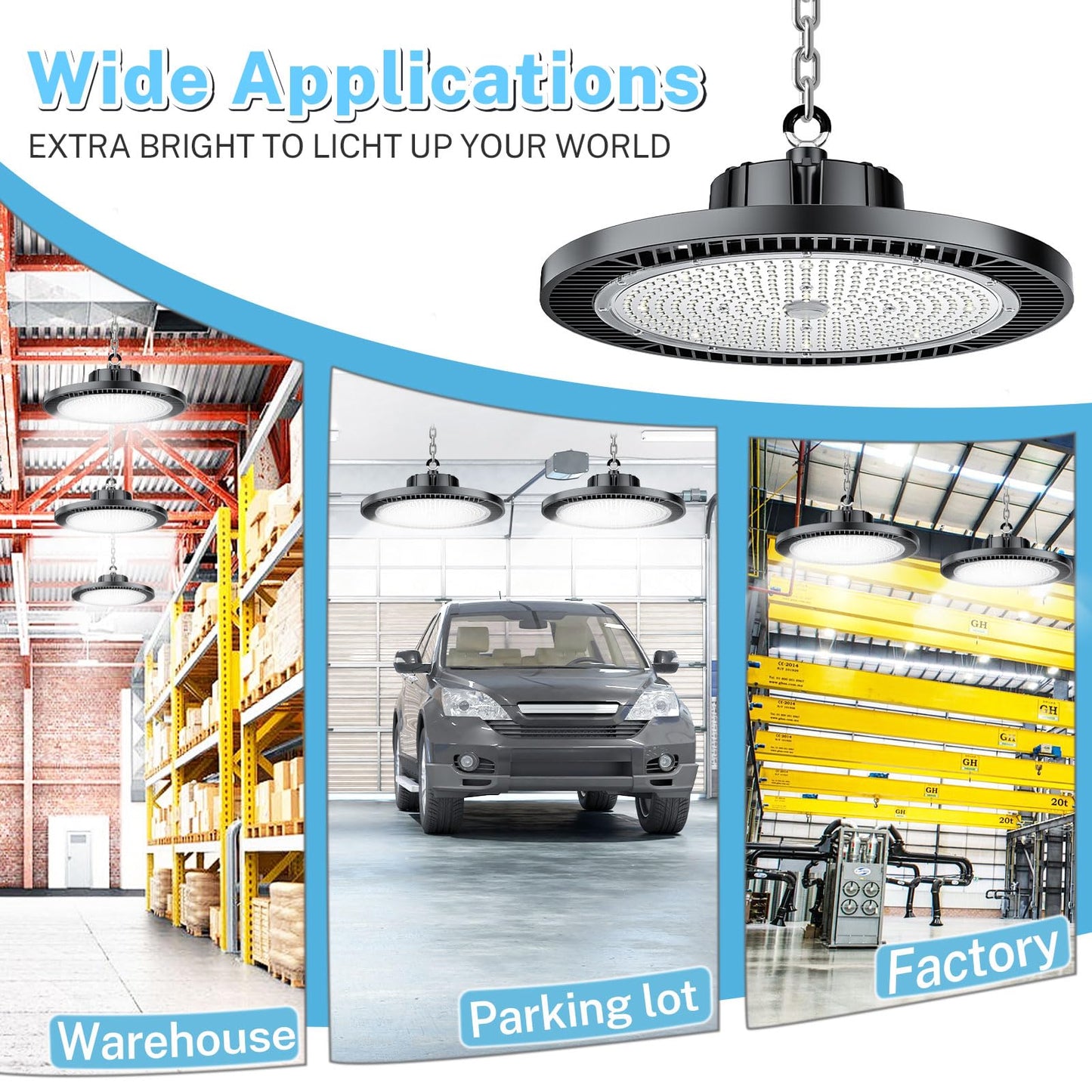 THELUX 6Pack Super Bright 200W LED High Bay Light with 30000lm 5000K,100V-277V,5000K with US Plug, 5Cable High Bay Led Shop Lights for Warehouse Workshop Factory Gym Garage with FCC certificated