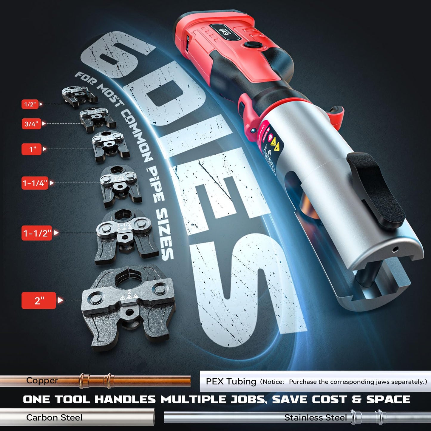 Ecarke Pro Press Tool Compatible with Milwaukee 18V battery, Electric Pipe Crimping Tool for 1/2" to 2" Copper Pipes,32KN of crimping force 360° Rotation Automatic Crimper Brushless Motor, Tool Only