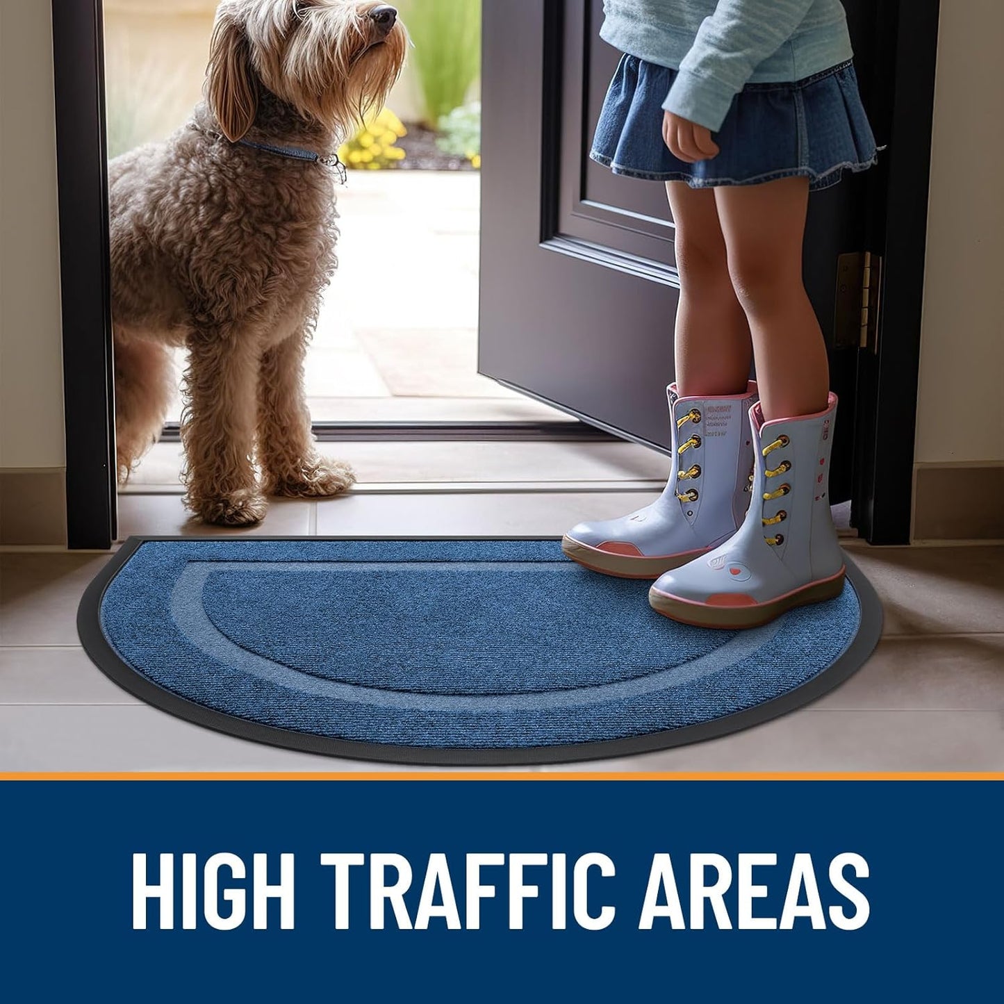OLANLY Half Circle Door Mat - Waterproof All-Season Indoor/Outdoor Welcome Mat | 33x21, Light Blue