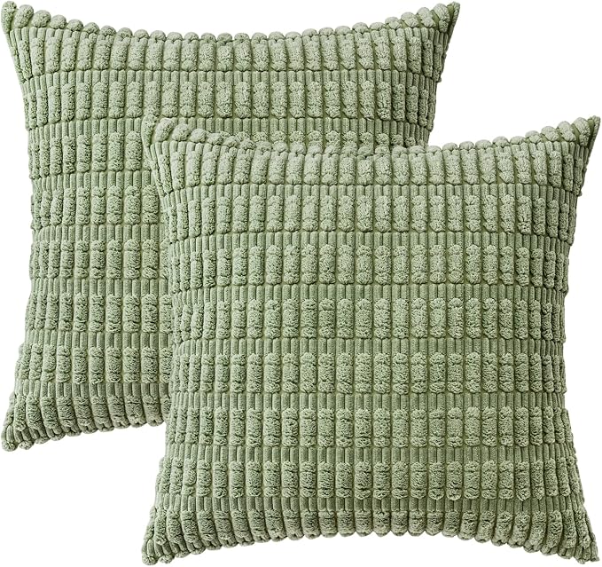 MIULEE Pack of 2 Spring Corduroy Decorative Throw Pillow Covers 20x20 Inch Soft Boho Striped Pillow Covers Modern Farmhouse Home Decor for Summer Sofa Living Room Couch Bed Sage Green