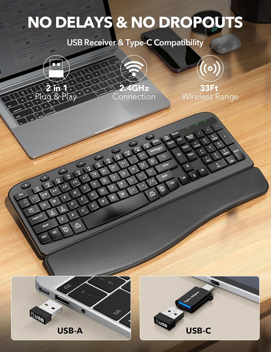 SABLUTE 2.4GHz Wireless Keyboard, Ergonomic Wave Keyboards with Cushioned Wrist Rest, USB Computer Wave Key Board