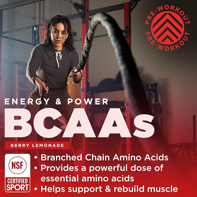 Gnarly Nutrition BCAA Powder, Berry Lemonade ??Pre-Workout BCAAS Amino Acids ??NSF Sport Certified ??Supplement to Support and Rebuild Muscle ??Berry Lemonade with Caffeine, 10.58 oz