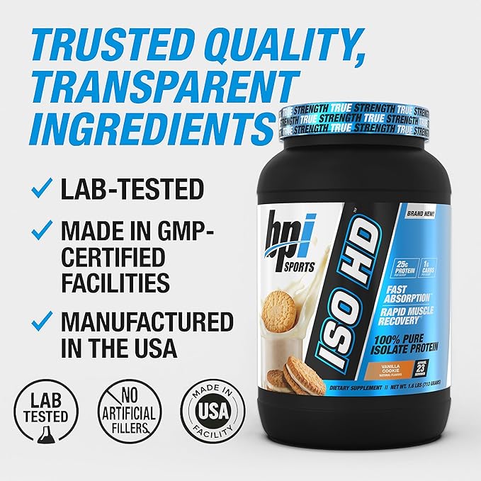 BPI Sports ISO HD Isolate Protein Powder ??100% Whey Isolate, Protein Powder for Muscle Gain - Vanilla Cookie - 1.6 Lb - 23 Servings