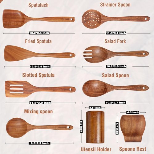 Mooues 9-Piece Natural Teak Wooden Kitchen Utensil Set - Comfort Grip Spoons & Utensils Holder