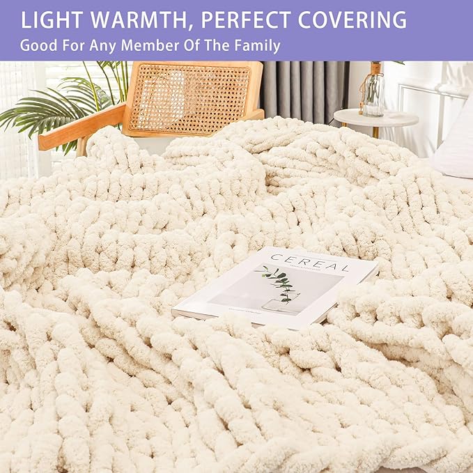 Bigacogo Chunky Knit Throw Blanket for Couch, 40x60 inches, 100% Hand Knitted with Thick Jumbo Chenille Yarn, Cozy Soft Large Rope Knot Cable Crochet Blankets for Sofa Bed Living Room, Beige