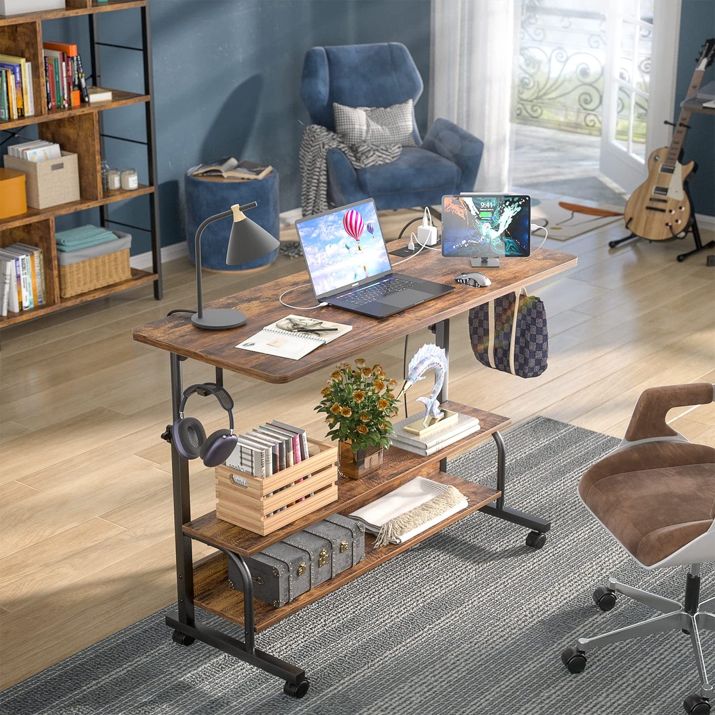 Armocity Rolling Standing Desk with Charging Station, Portable Height Adjustable Mobile Computer Desk with Wheels & 2-Tier Shelves & Hooks, Easy Assembly Laptop Table for Couch Bed, 39" Rustic Brown