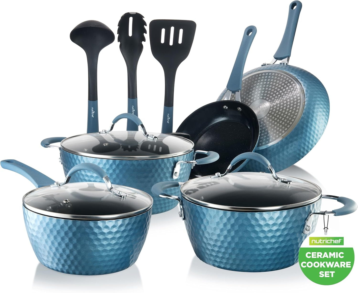 NutriChef 11-Piece Non-Stick Cookware Set | Ceramic Coating, Ergonomic Handles, Induction Ready - Royal Blue