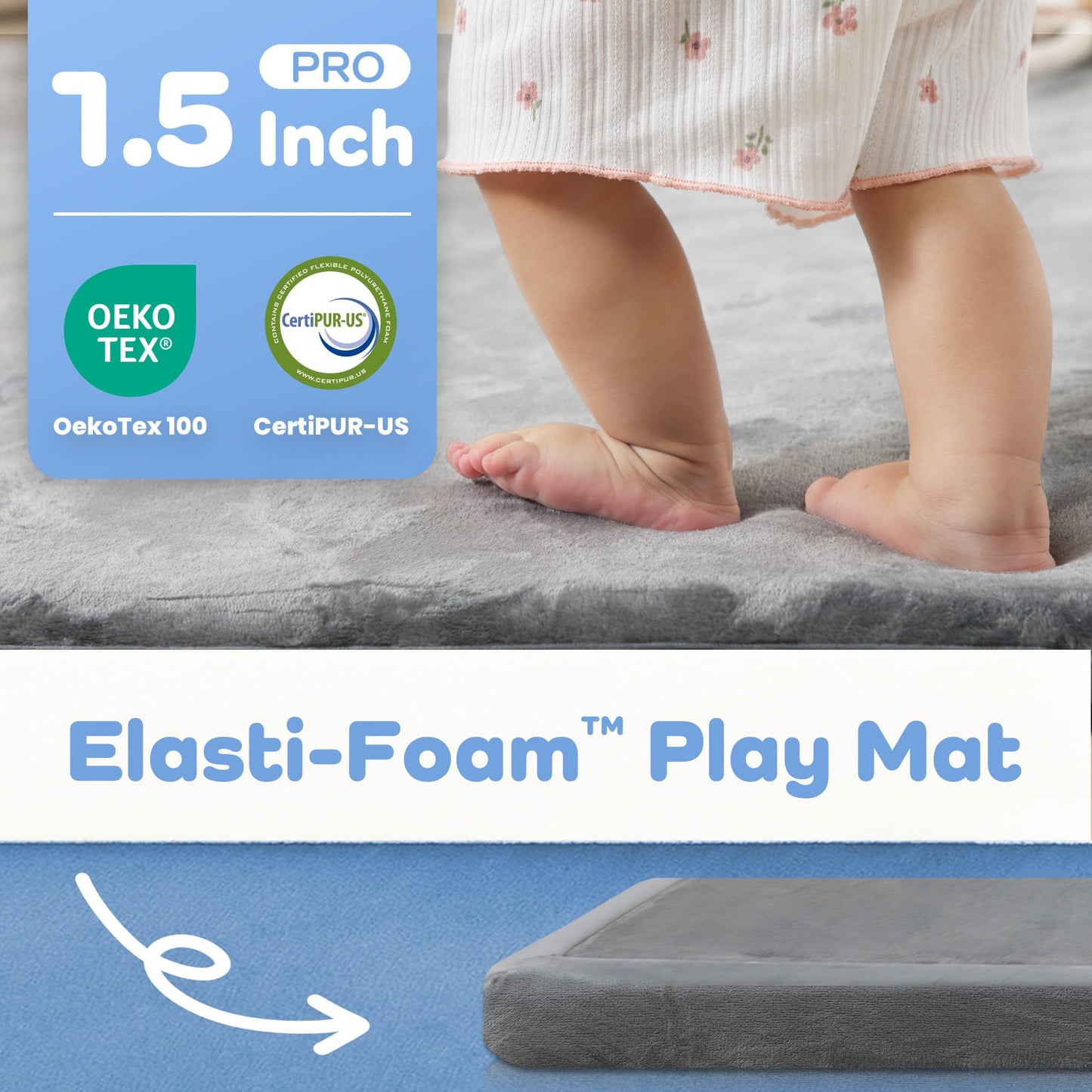 1.5" Thick Baby Play Mat for Floor Tummy Time, 50"x 50" Pro Soft Baby Activity Playmats Playroom, Easy Care with Non-Slip Safe for Infant Toddler Kids Crawling(Dark Grey)
