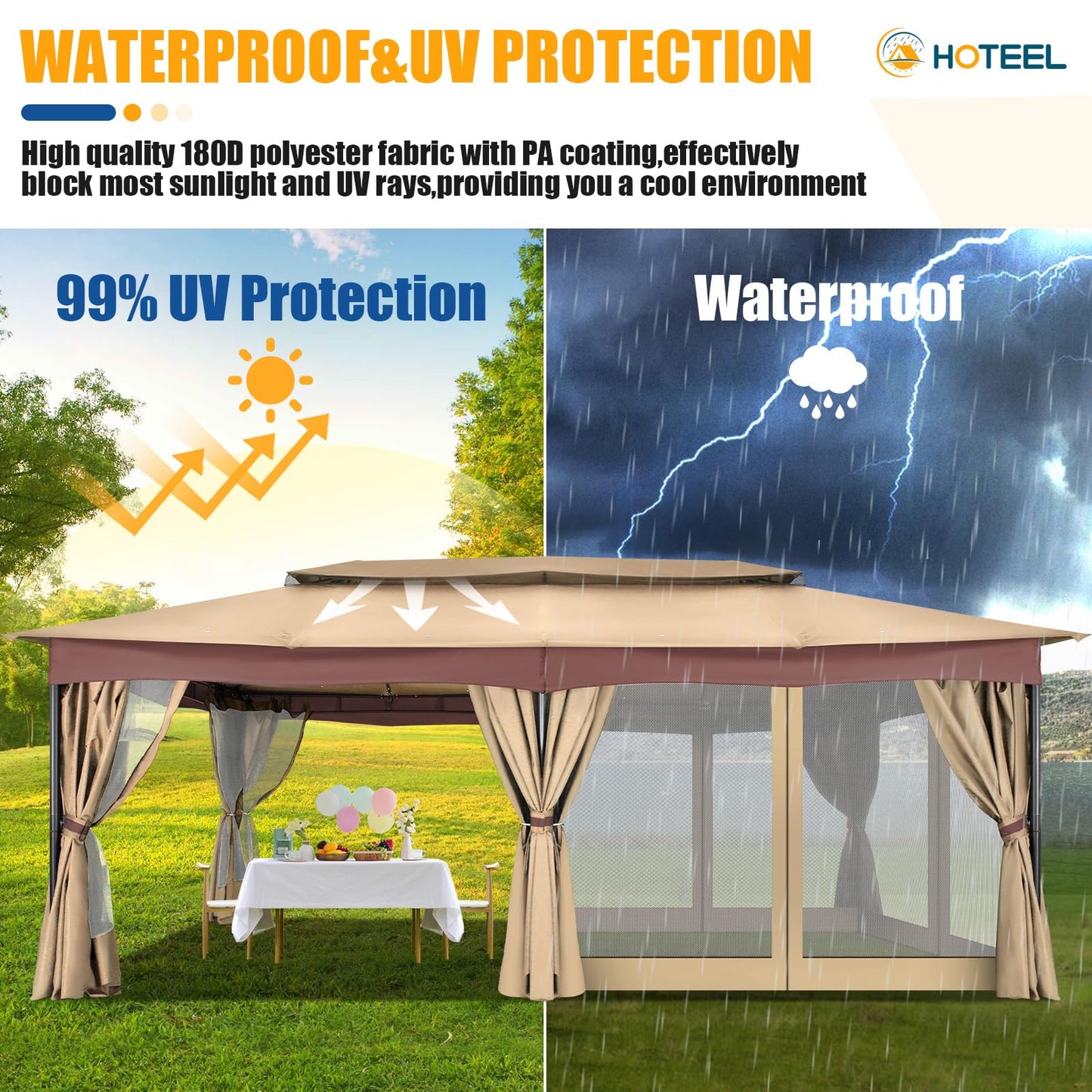 HOTEEL Gazebo 12x20, Outdoor Gazebo on Clearance with Double Ventilated Arc Roof, Privacy Curtains & Mosquito Netting, Easy Set up Canopy Tent with Stable Metal Frame for Patio, Khaki (Upgraded 2.0)