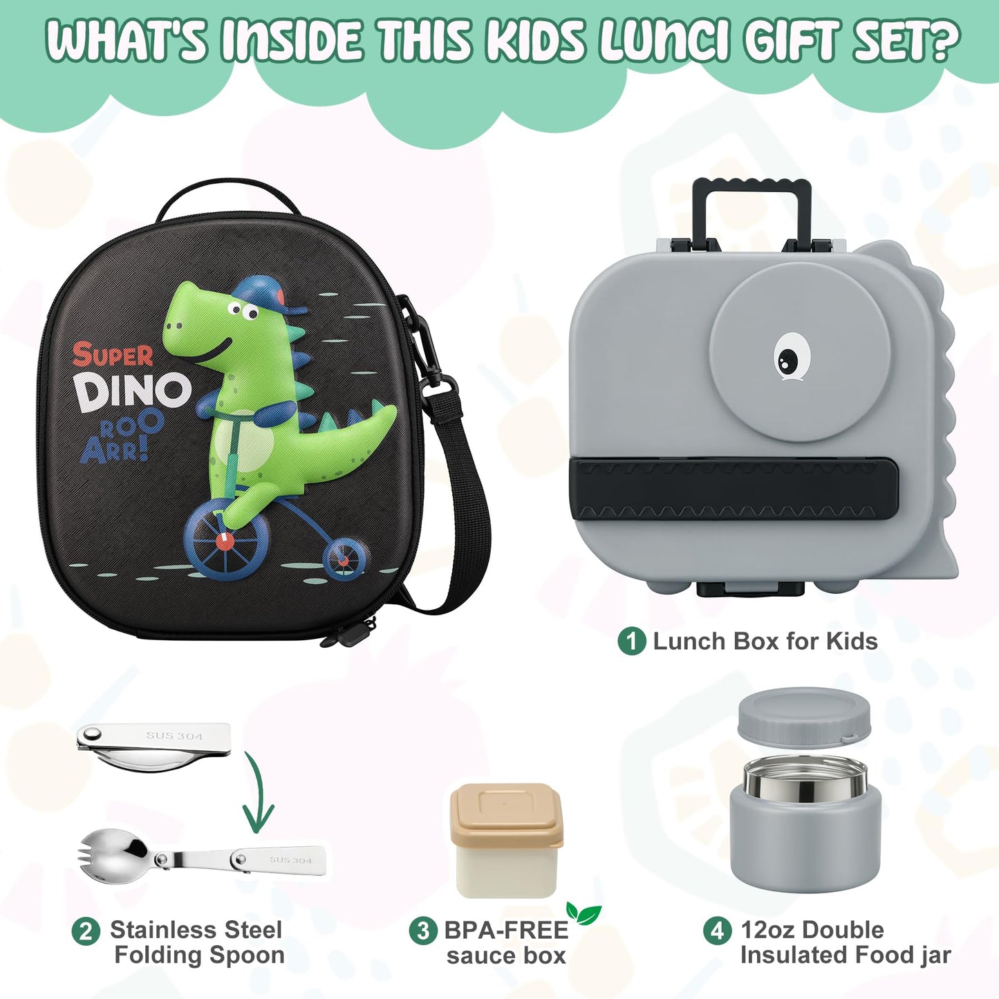 Lunch Box with 13oz Soup Thermo for Hot Food Kids Insulated Food Jar Container with Silicone Water Cup and Spoon & Fork Leak Proof Bento Box Set with 5 Compartment Lunch Bag for School Travel