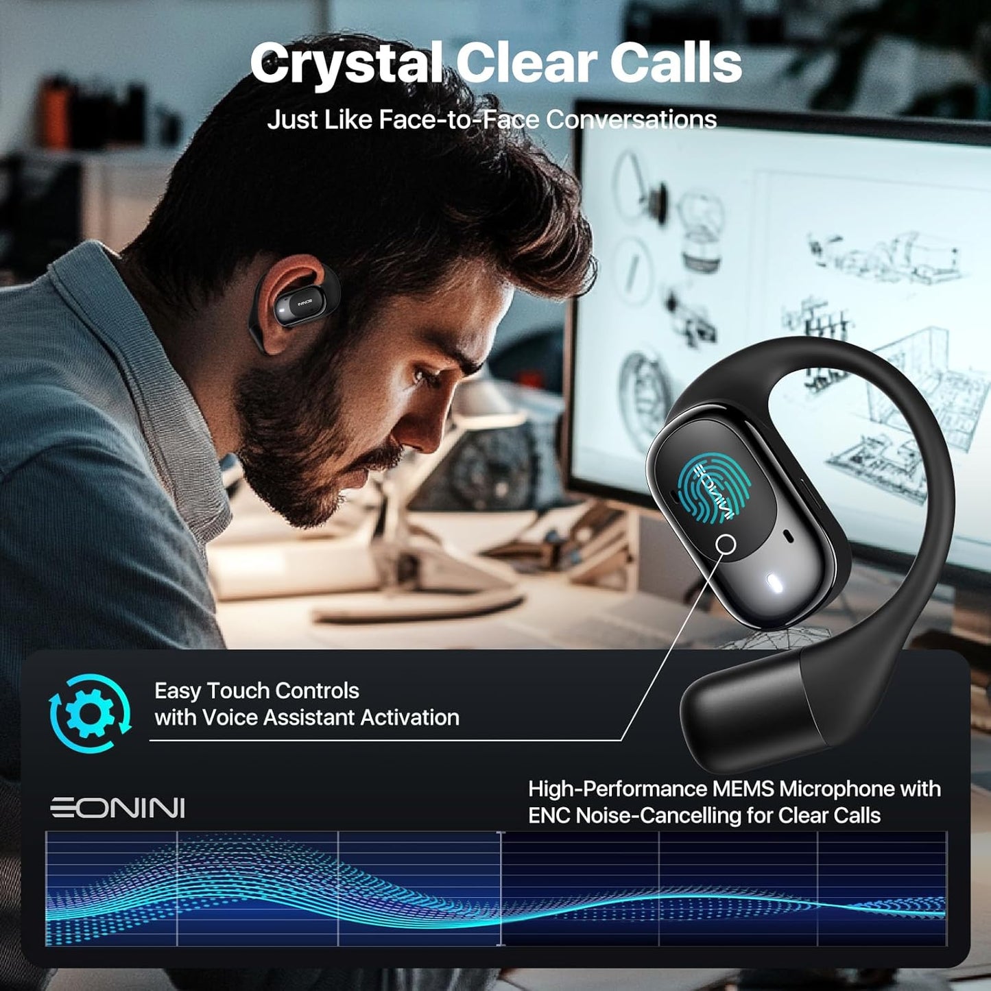 40H IPX5 5.3 Eonini Open-Ear Earbuds with Earhooks, LED Display Case, Lightweight & Secure Fit, All-Day Comfort