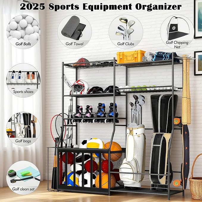 Garage Sports Equipment Organizer with Golf Bag Stand, Balls Storage Rack, and Toy Organizer ??Durable Indoor/Outdoor Multi-Use Rack for Kids' Gear and Seasonal Items