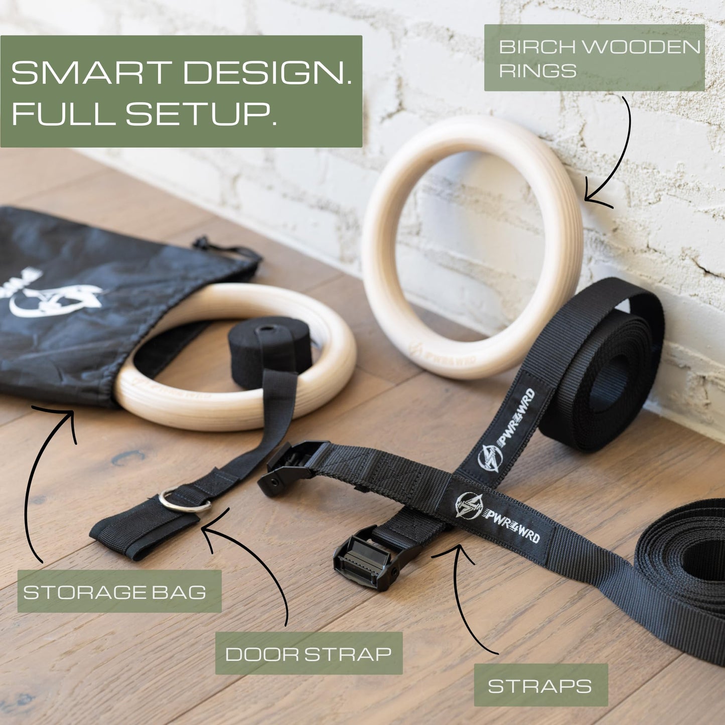 PWR4WRD Gymnastic Rings - Durable Home Workout Equipment w/Adjustable Straps & Secure Buckle - Portable 1.25" Olympic Rings for Home & Gym - Exercise Rings for Workout Bodyweight Fitness Training